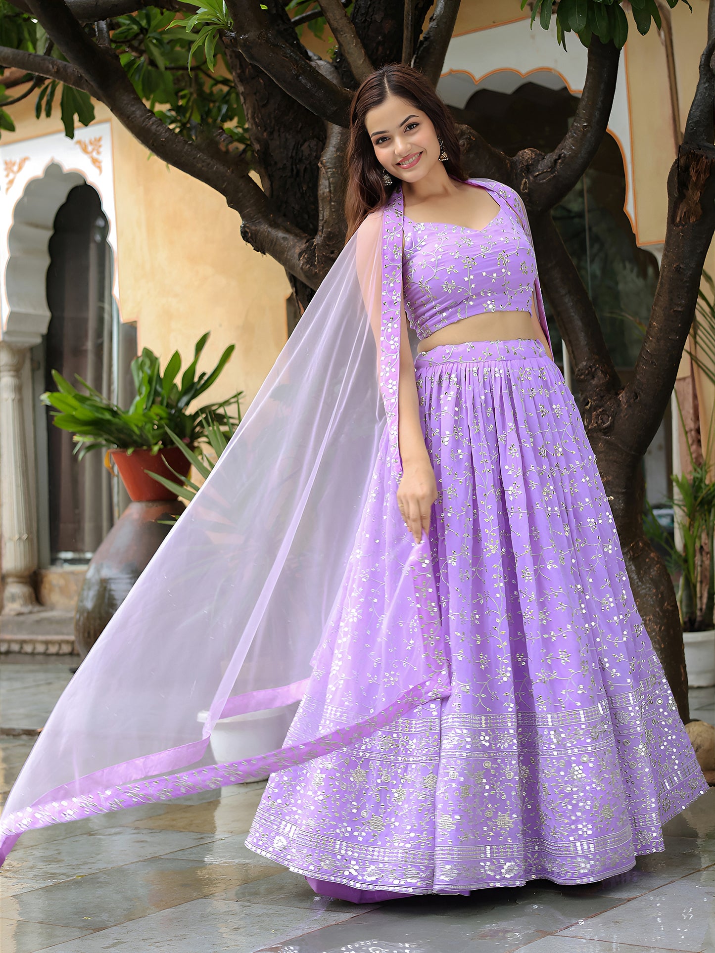 Lavender Mirror Embroidered Lehenga Set