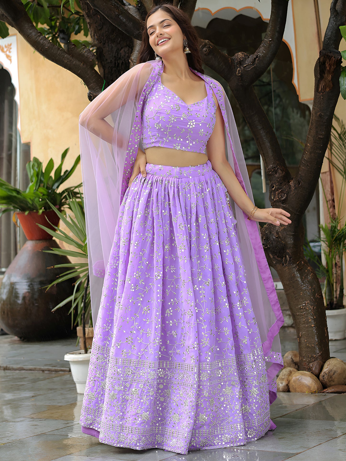 Lavender Mirror Embroidered Lehenga Set