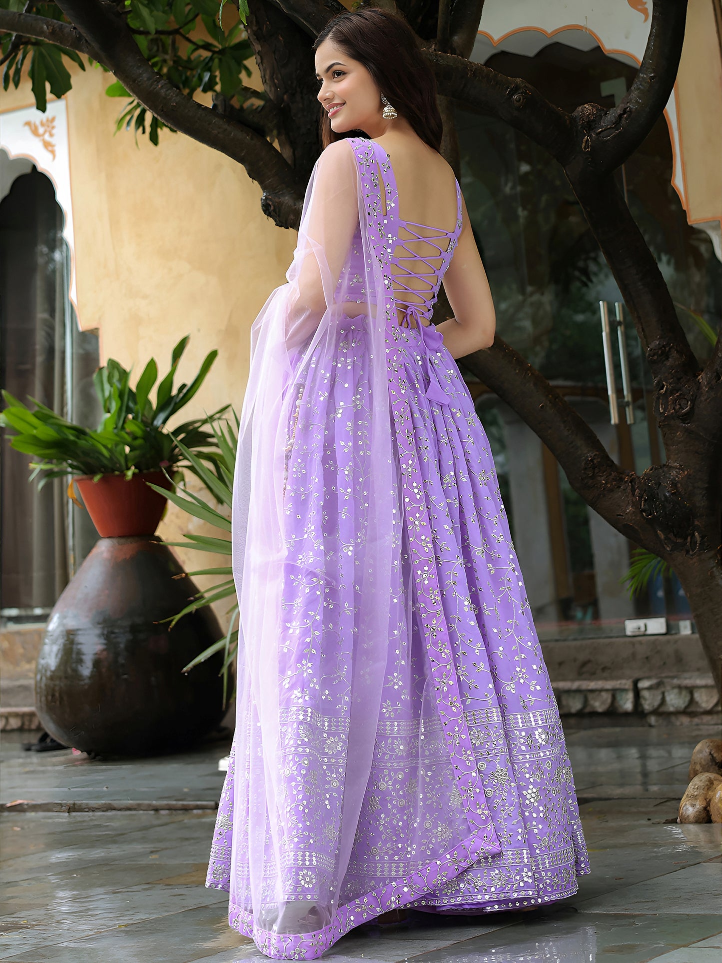 Lavender Mirror Embroidered Lehenga Set