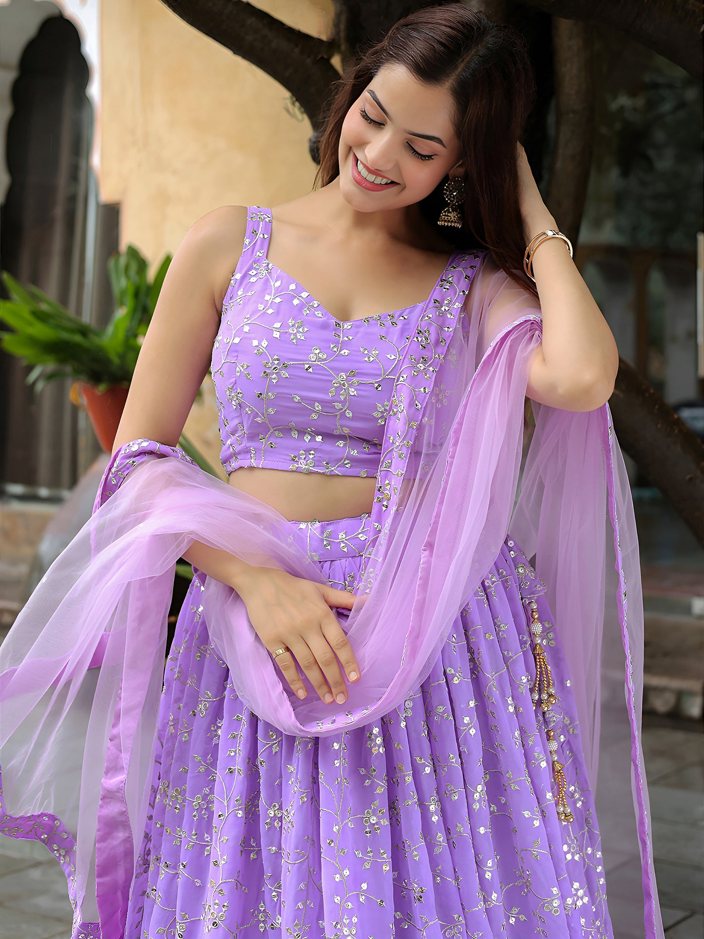 Lavender Mirror Embroidered Lehenga Set