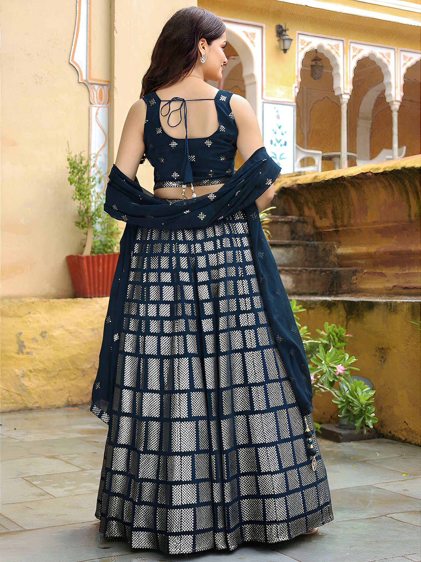 Navy Blue Velvet Embroidered Lehenga Set
