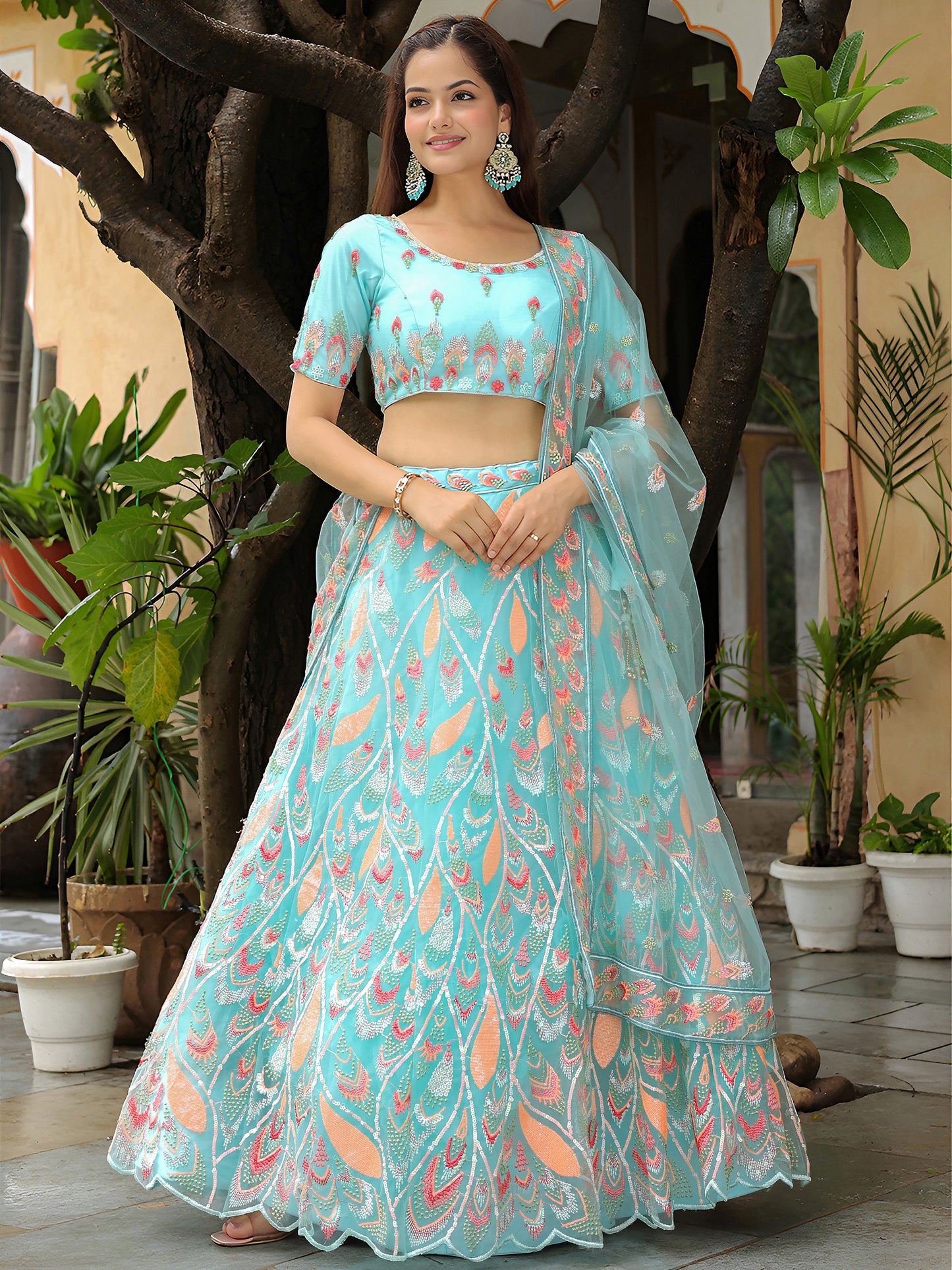 Sky Blue Embroidered Lehenga Set