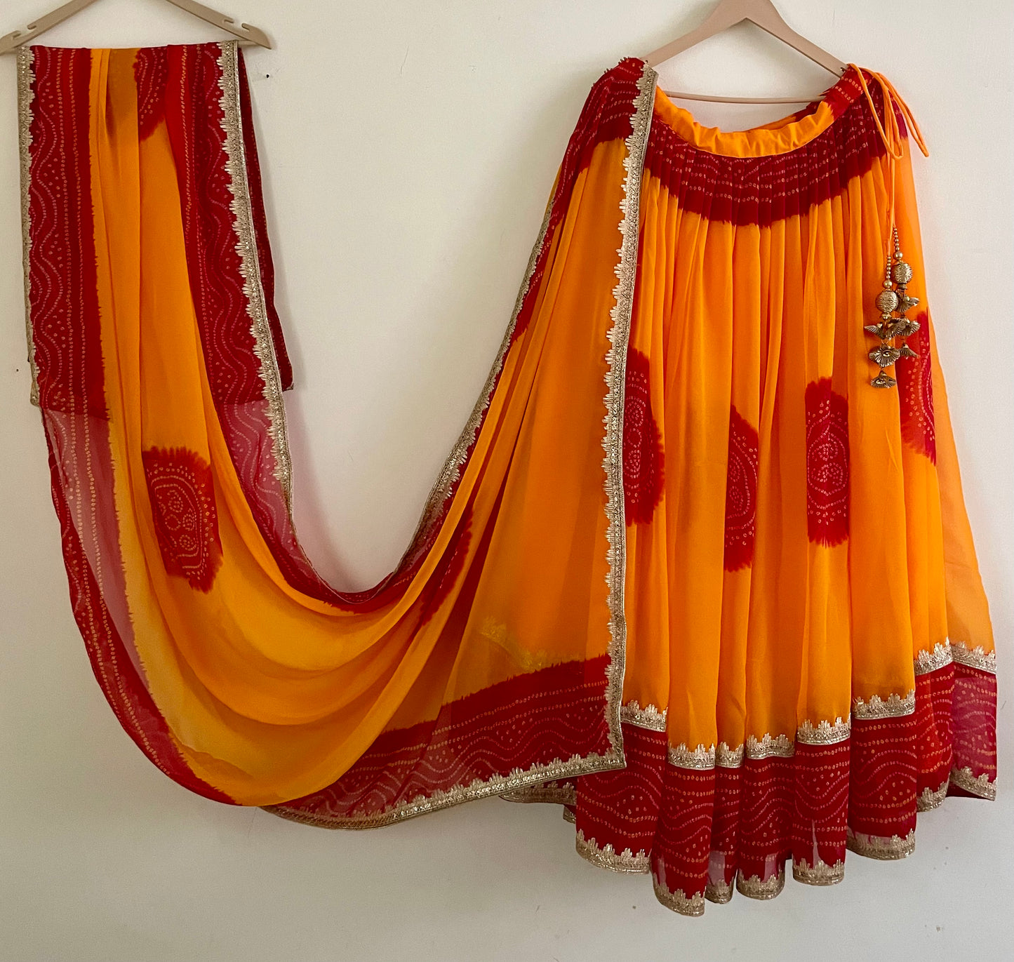 Vibrant Yellow & Red Bandhani Lehenga Set – Handcrafted Festive Outfit