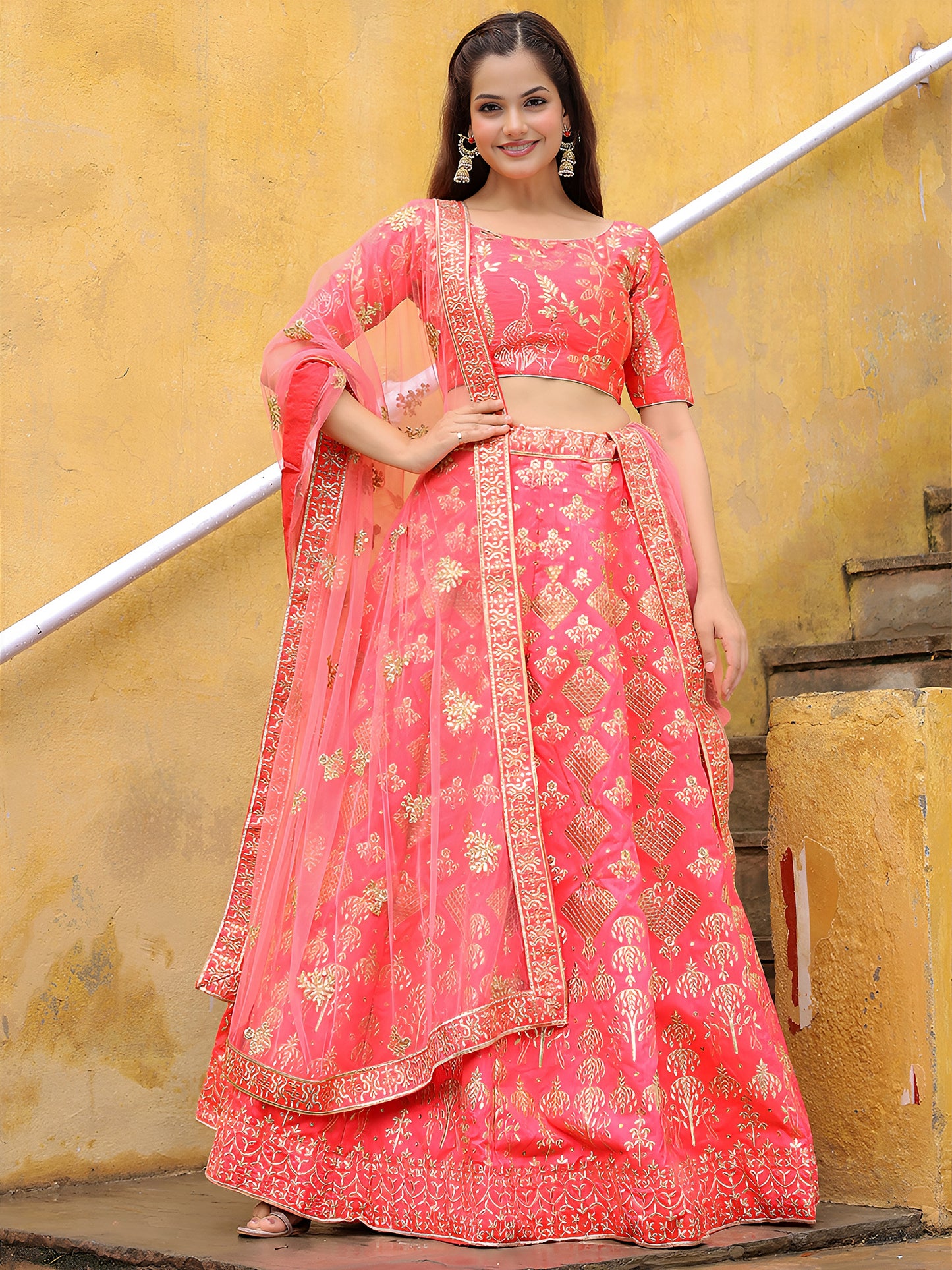 Peach Pink Embroidered Silk Lehenga Set