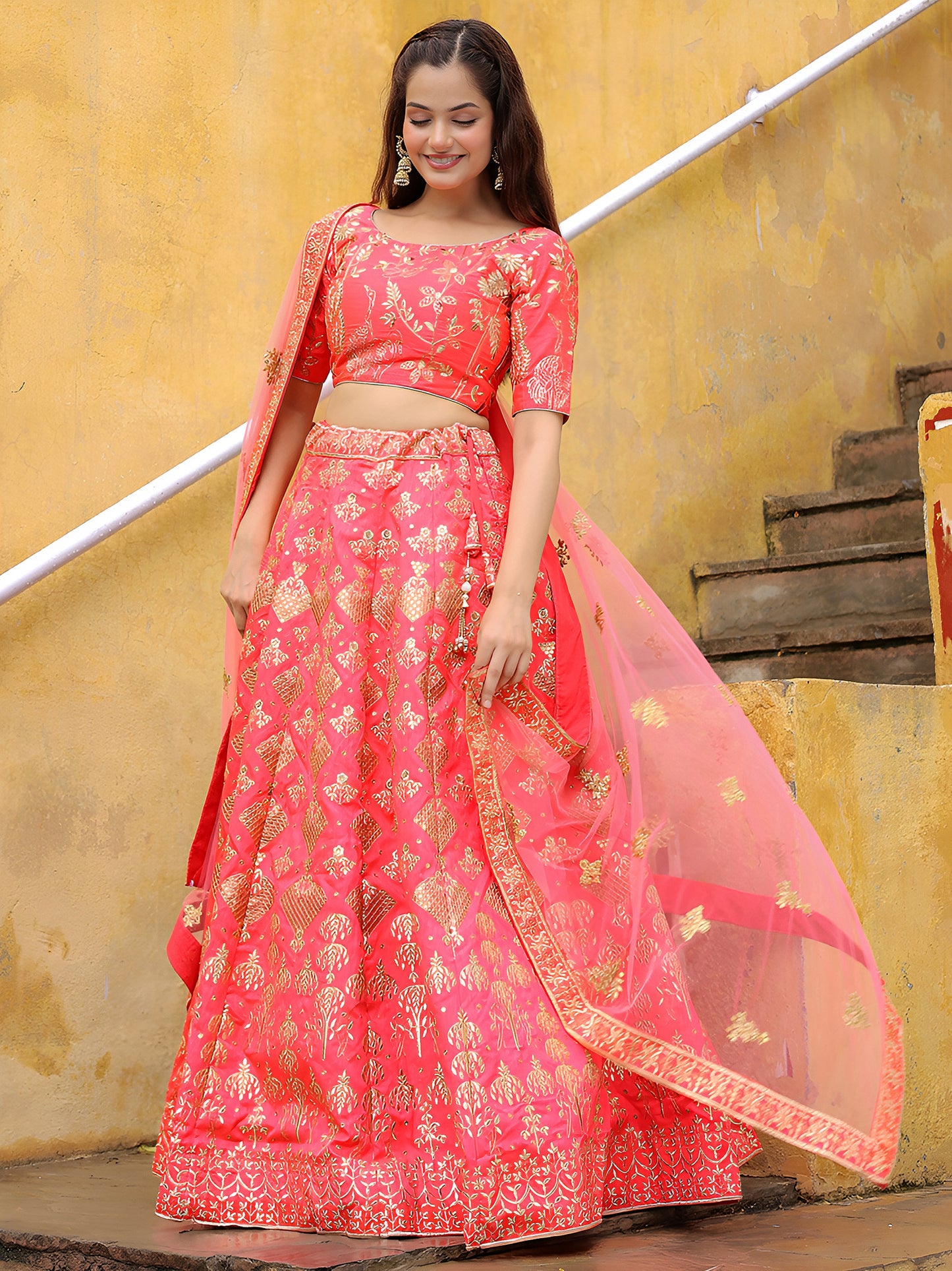 Peach Pink Embroidered Silk Lehenga Set