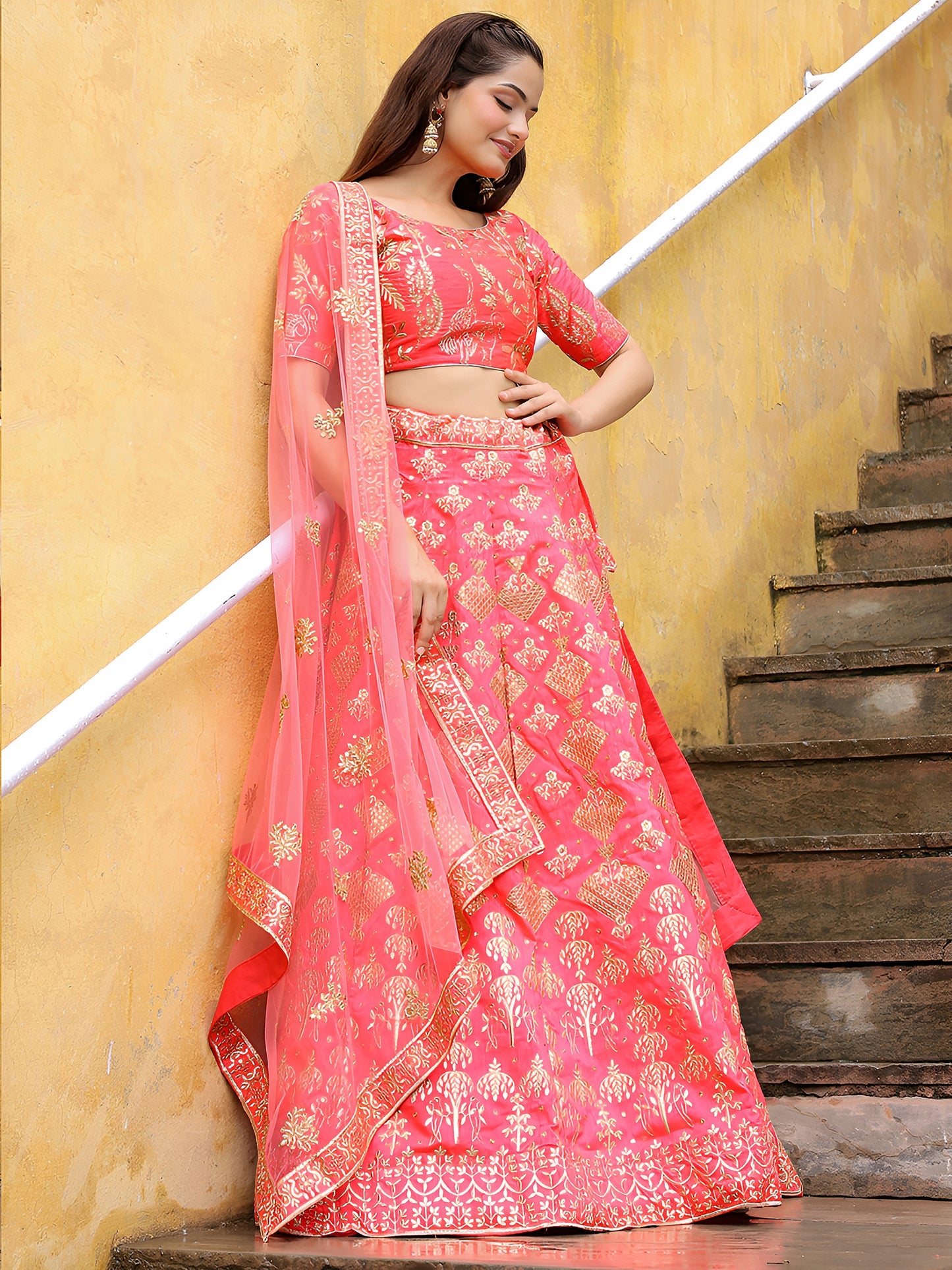 Peach Pink Embroidered Silk Lehenga Set