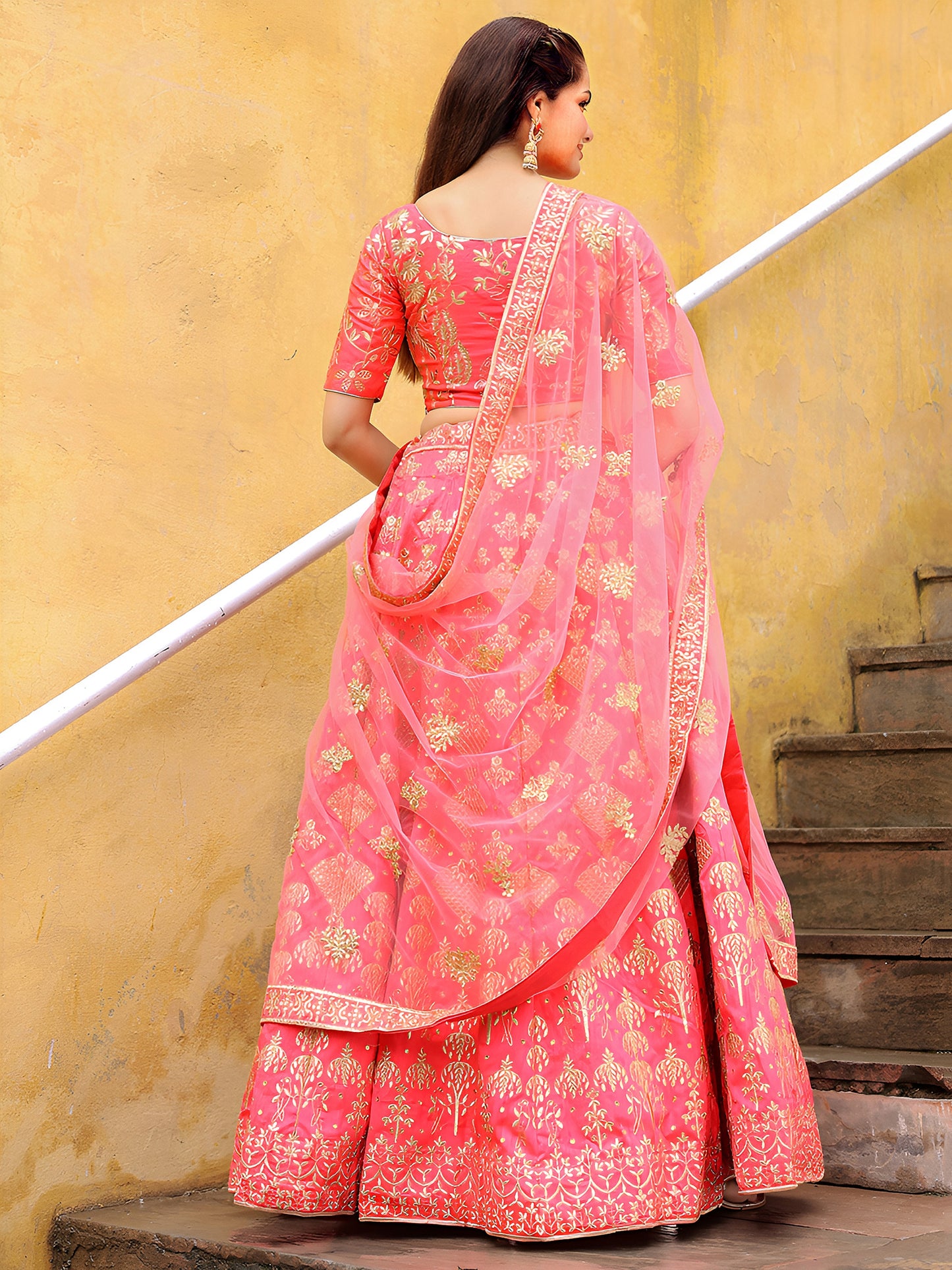Peach Pink Embroidered Silk Lehenga Set