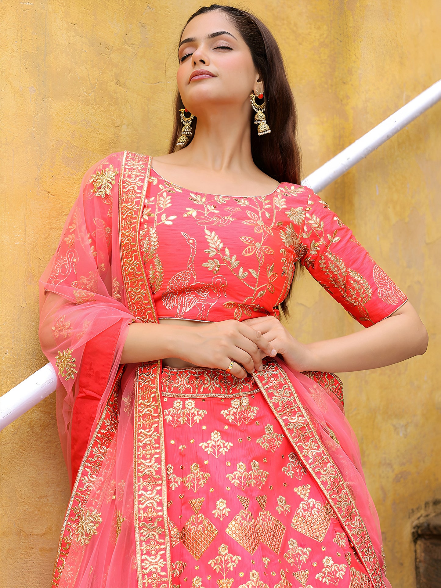 Peach Pink Embroidered Silk Lehenga Set