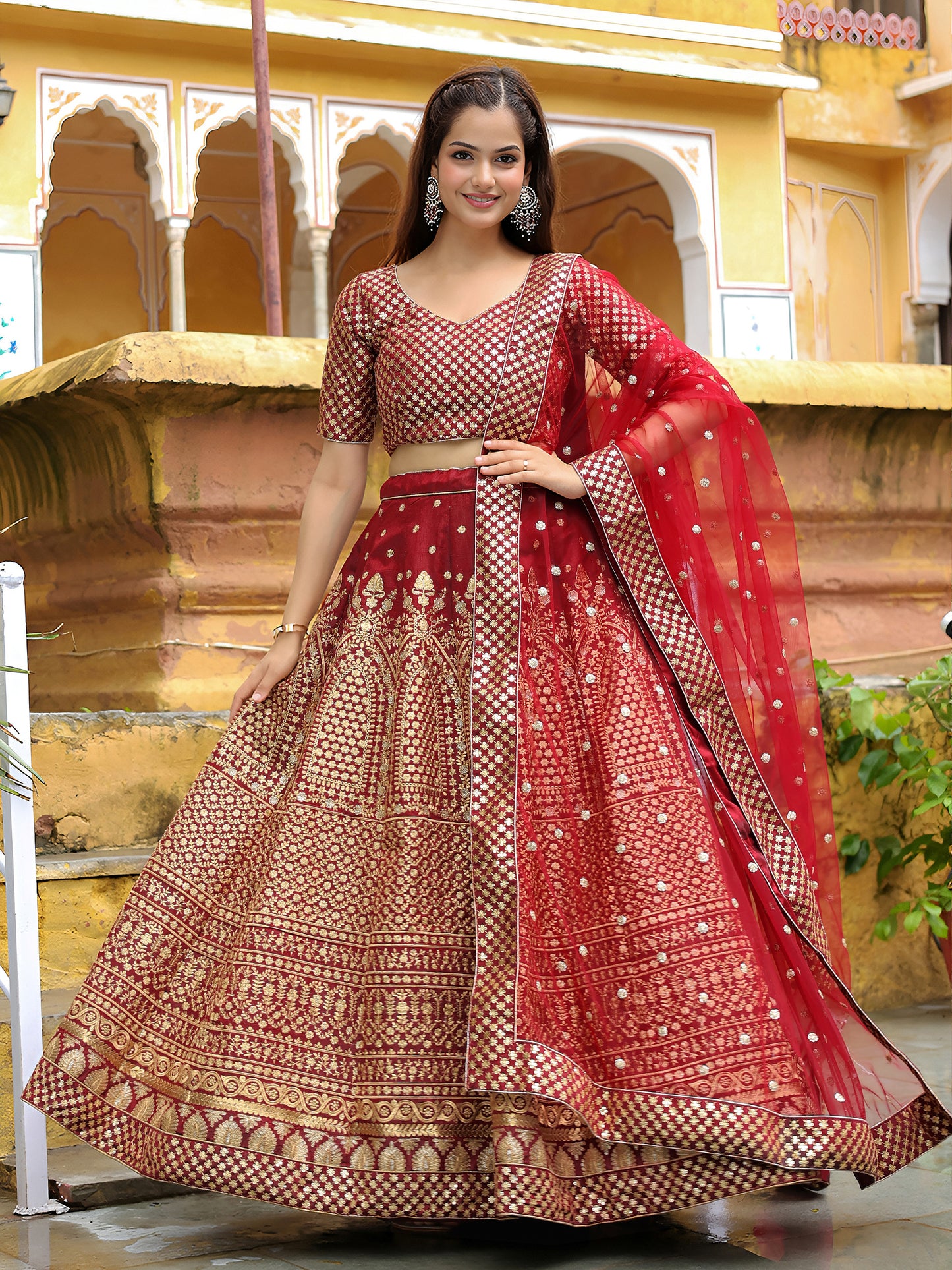 Maroon Banarasi Silk Lehenga Set
