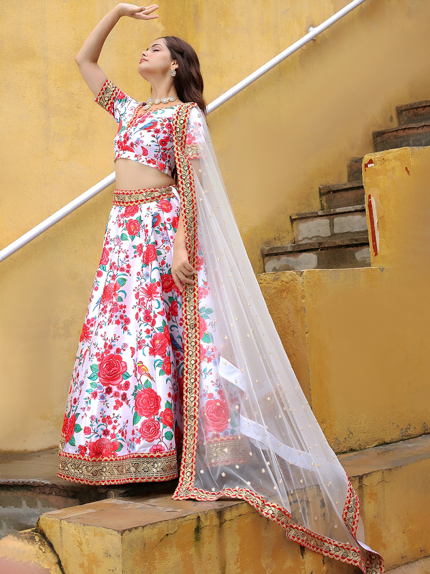 White Floral Printed Lehenga Set with Embroidered Dupatta