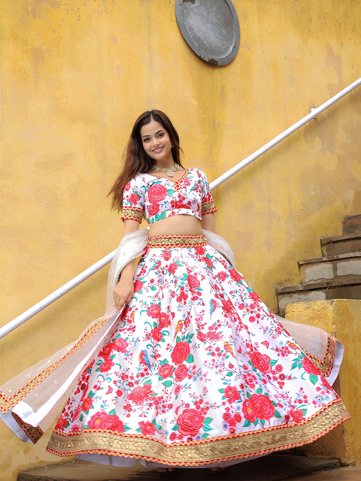White Floral Printed Lehenga Set with Embroidered Dupatta