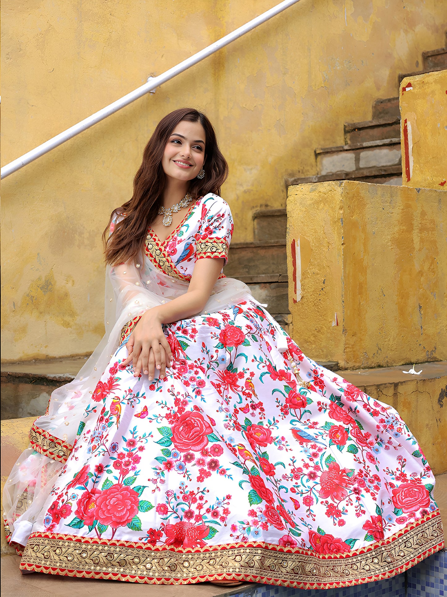 White Floral Printed Lehenga Set with Embroidered Dupatta