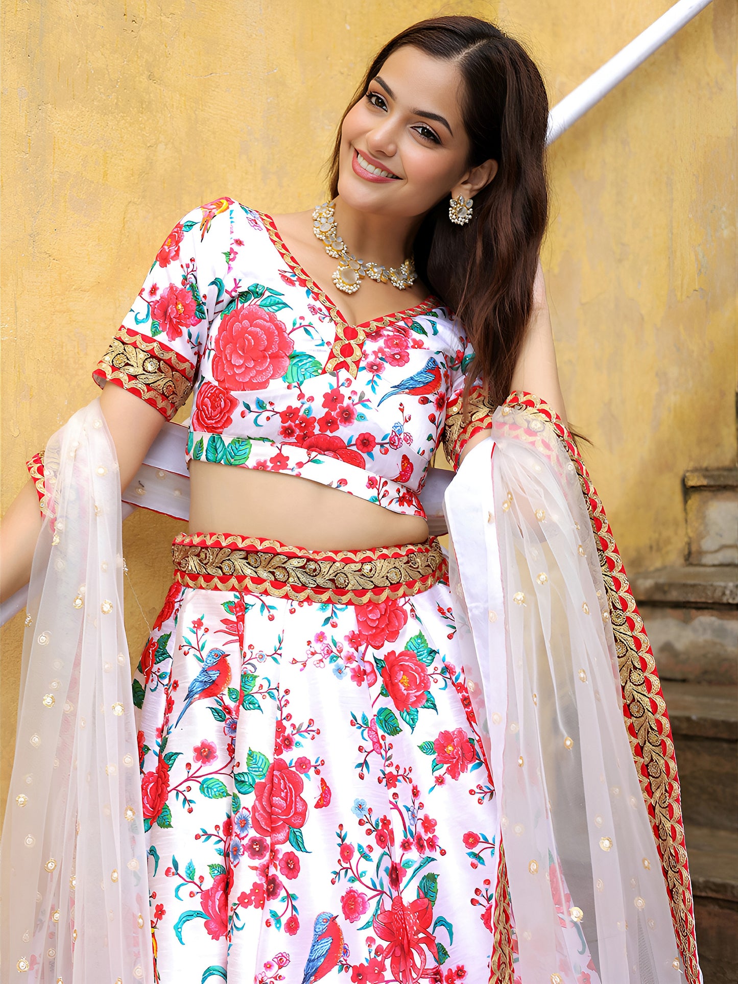 White Floral Printed Lehenga Set with Embroidered Dupatta