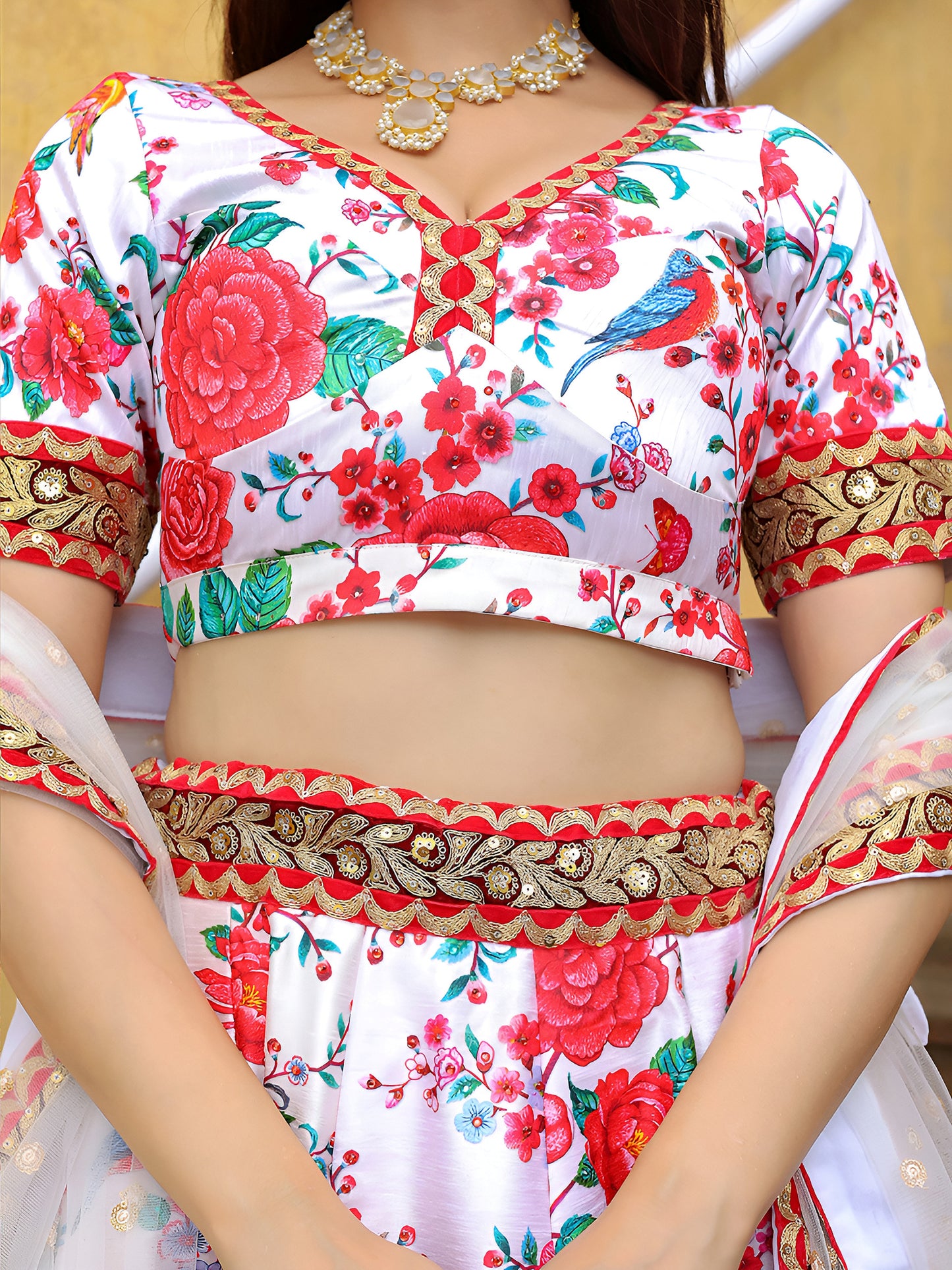 White Floral Printed Lehenga Set with Embroidered Dupatta