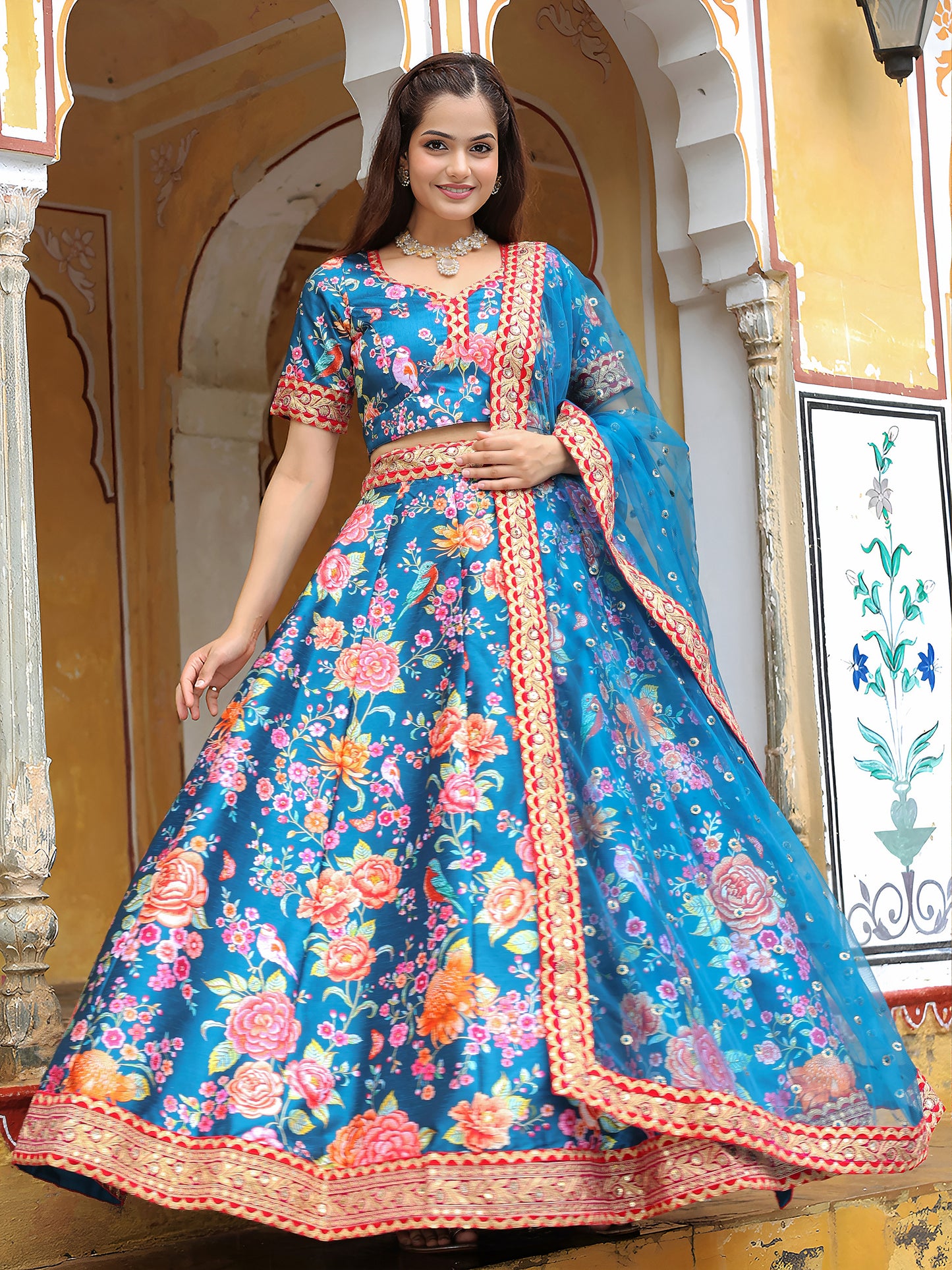 Royal Blue Floral Printed Lehenga Set with Embellished Dupatta