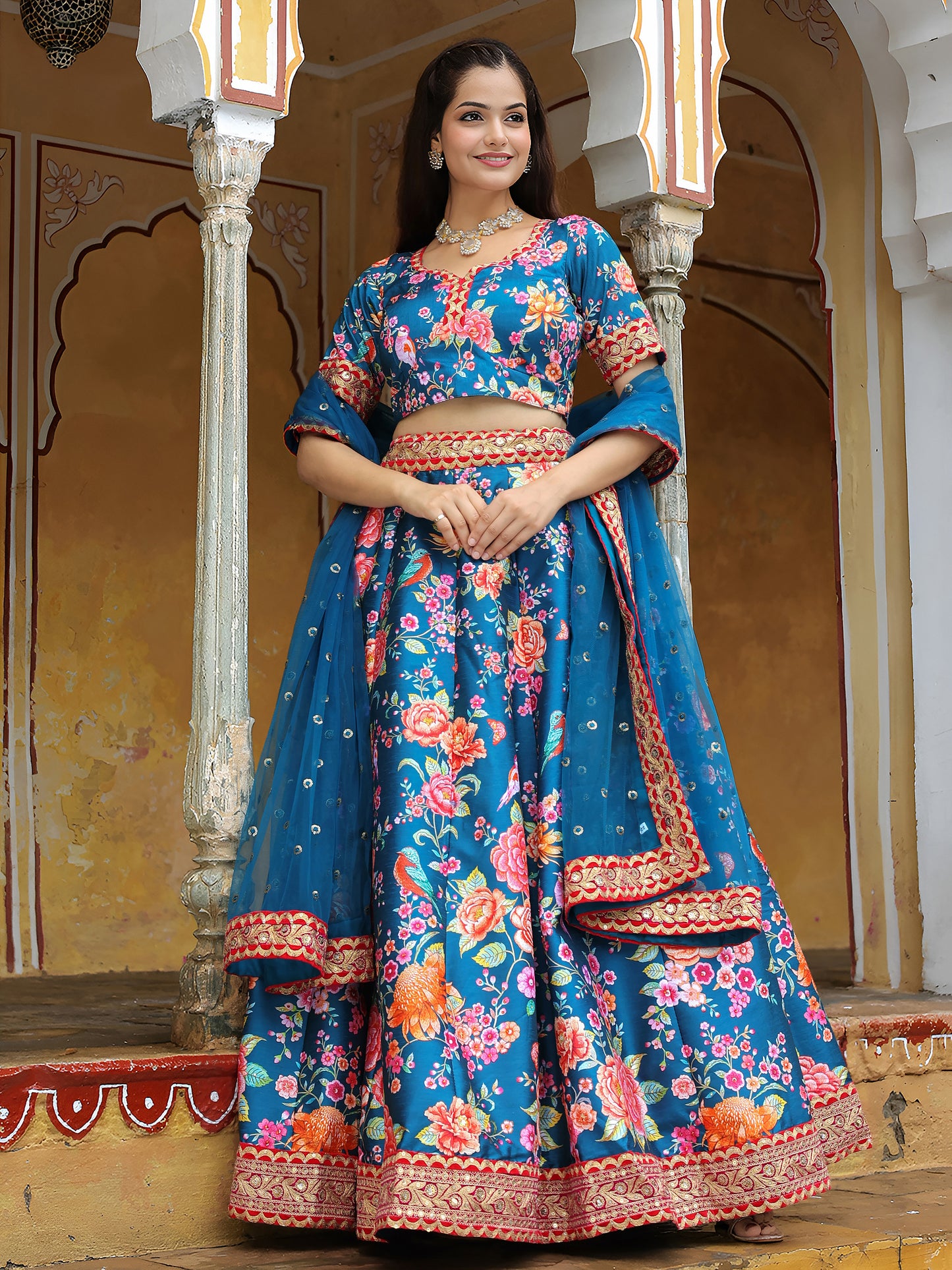Royal Blue Floral Printed Lehenga Set with Embellished Dupatta