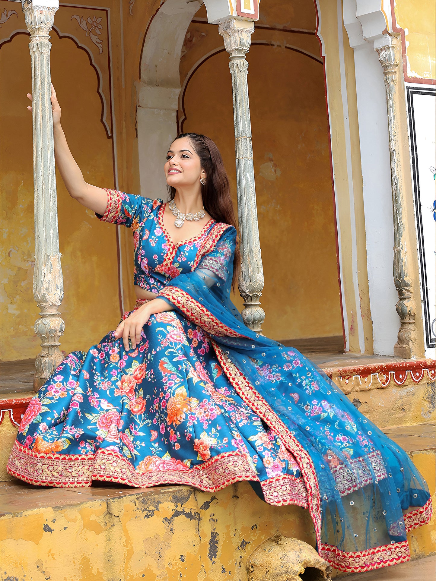 Royal Blue Floral Printed Lehenga Set with Embellished Dupatta