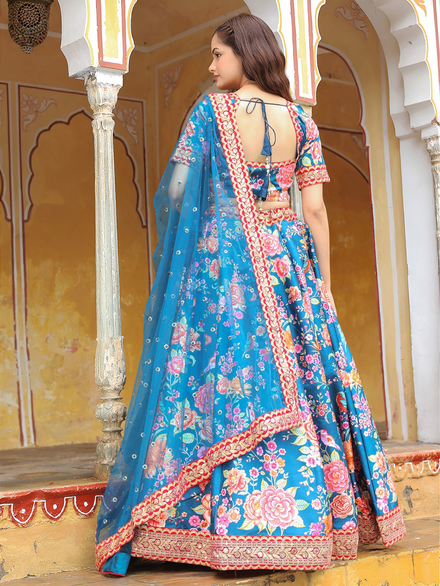 Royal Blue Floral Printed Lehenga Set with Embellished Dupatta