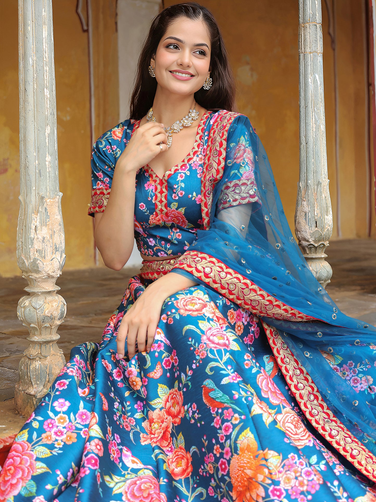 Royal Blue Floral Printed Lehenga Set with Embellished Dupatta