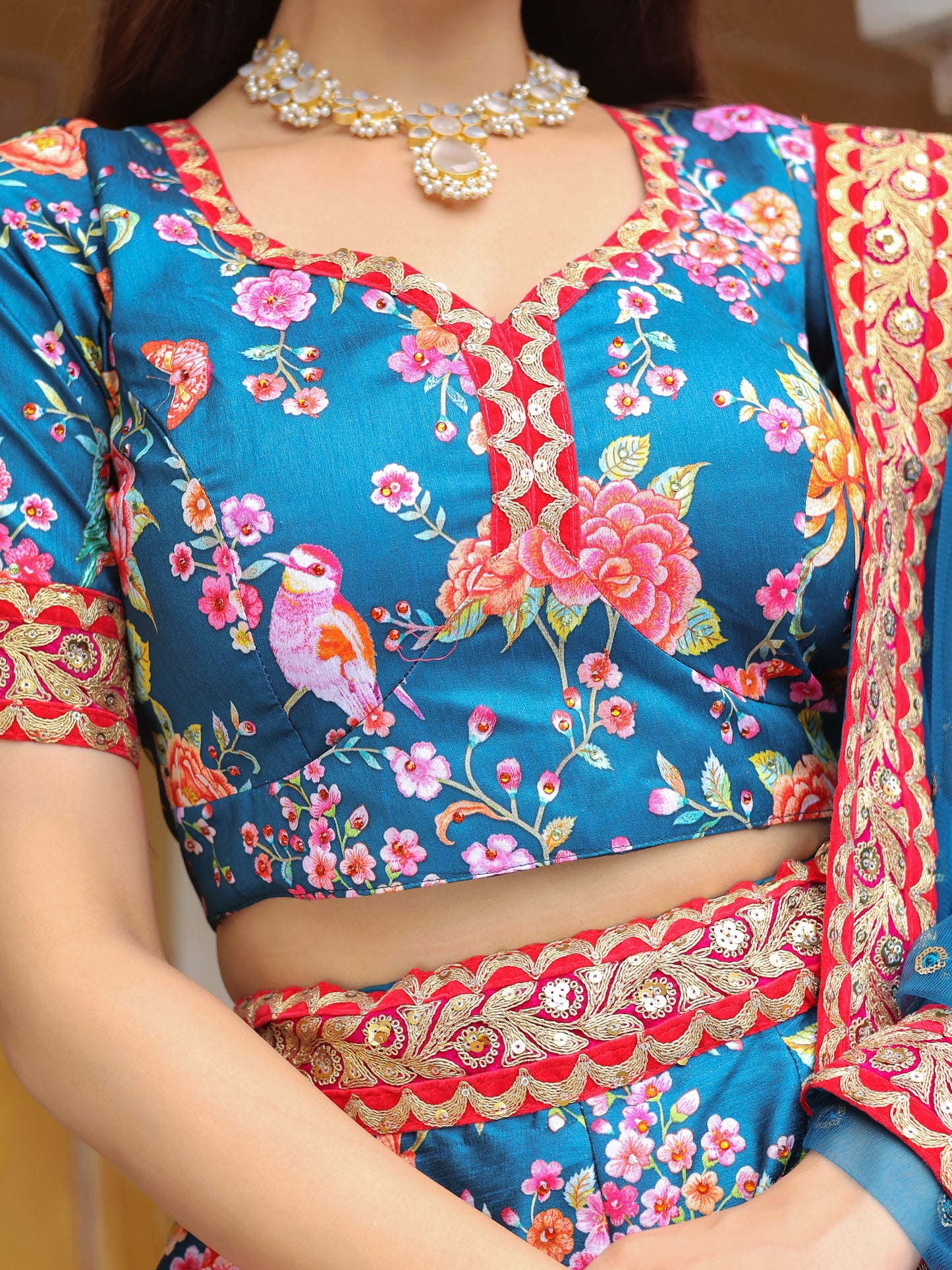 Royal Blue Floral Printed Lehenga Set with Embellished Dupatta