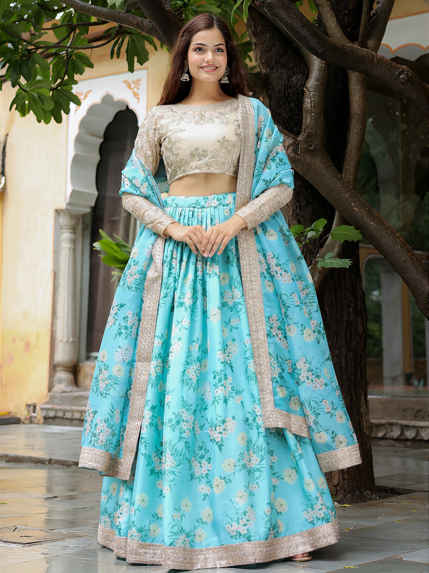 Sky Blue Floral Printed Lehenga Set with Embroidered Blouse