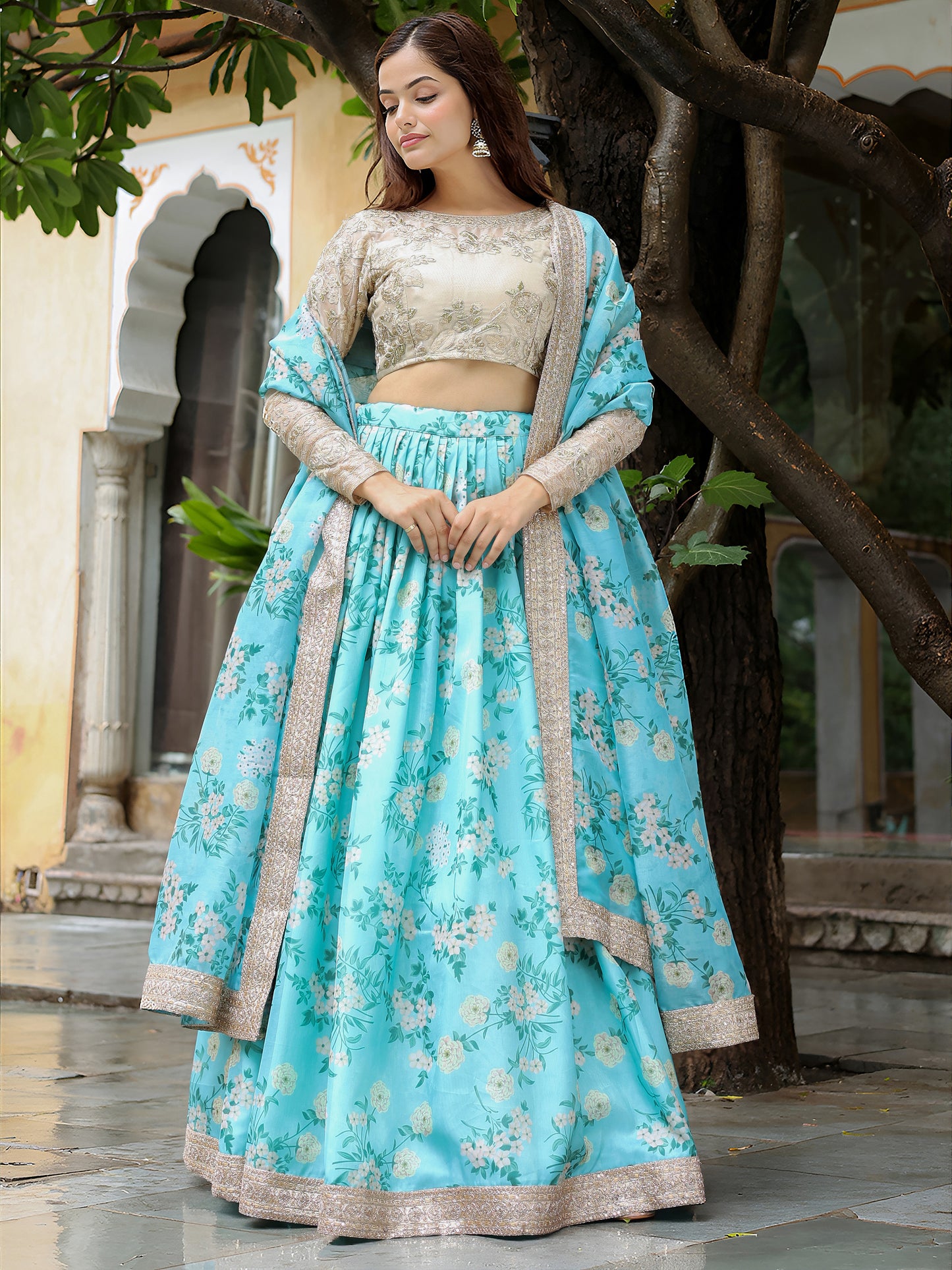 Sky Blue Floral Printed Lehenga Set with Embroidered Blouse