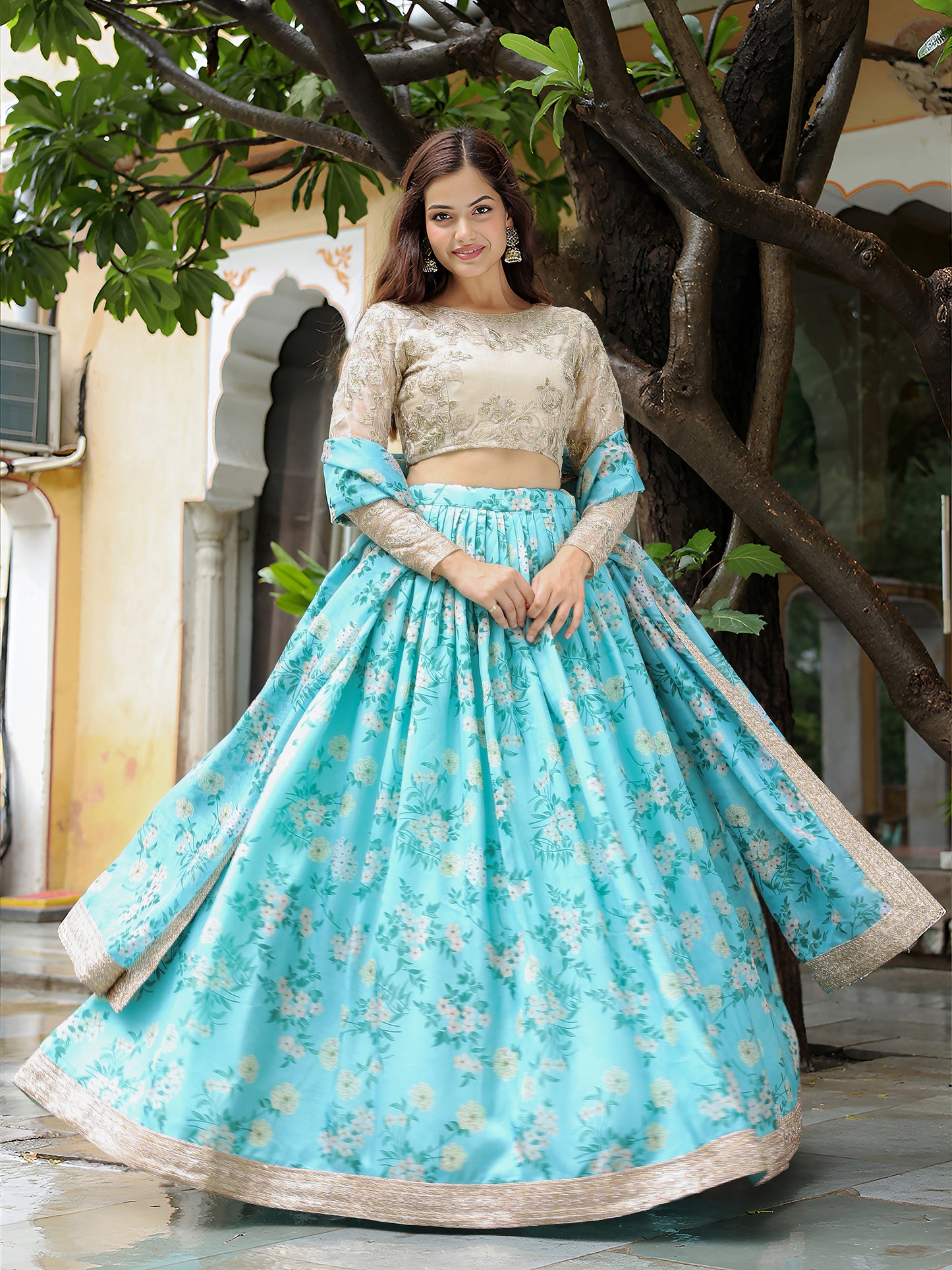 Sky Blue Floral Printed Lehenga Set with Embroidered Blouse