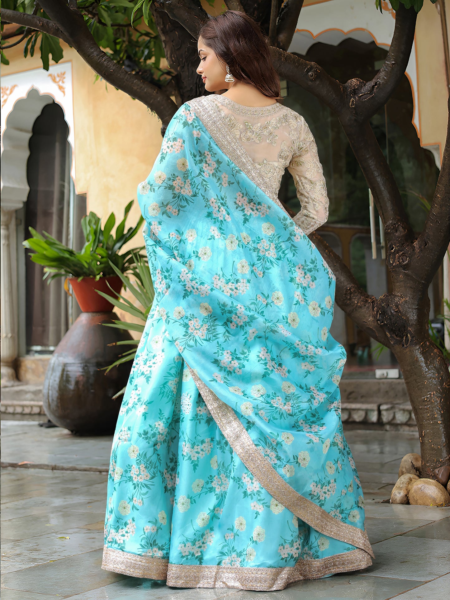 Sky Blue Floral Printed Lehenga Set with Embroidered Blouse
