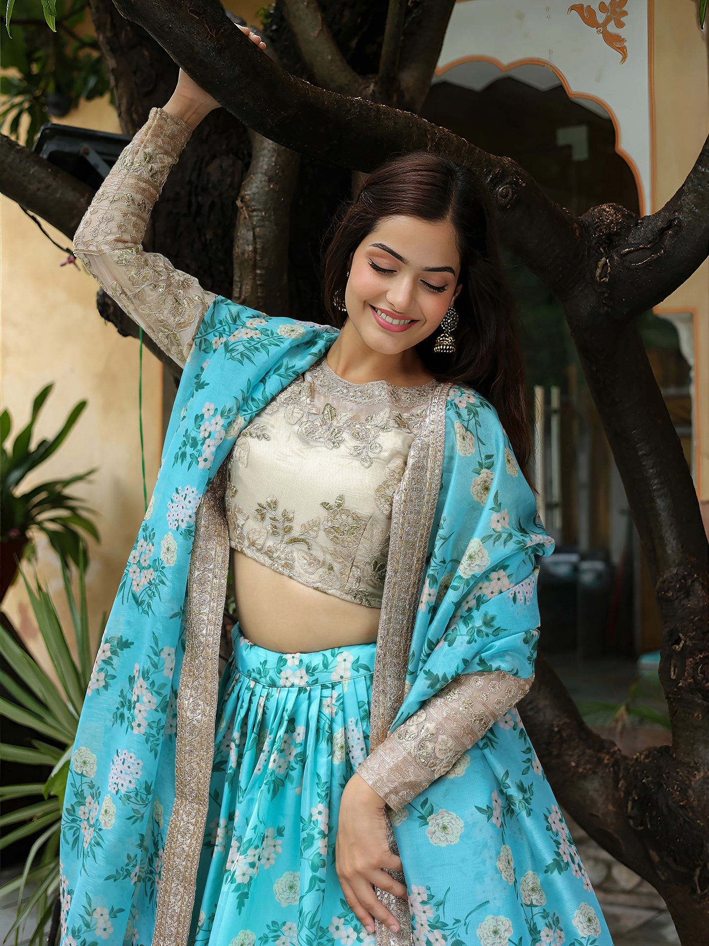 Sky Blue Floral Printed Lehenga Set with Embroidered Blouse