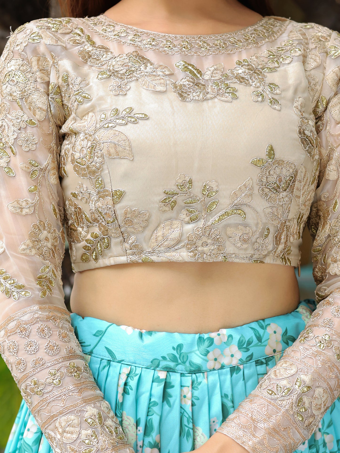 Sky Blue Floral Printed Lehenga Set with Embroidered Blouse