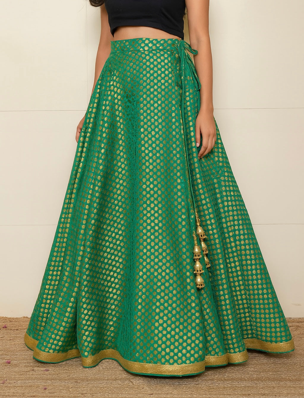 Green Brocade Lehenga Skirt with Golden Zari Work – Custom Size