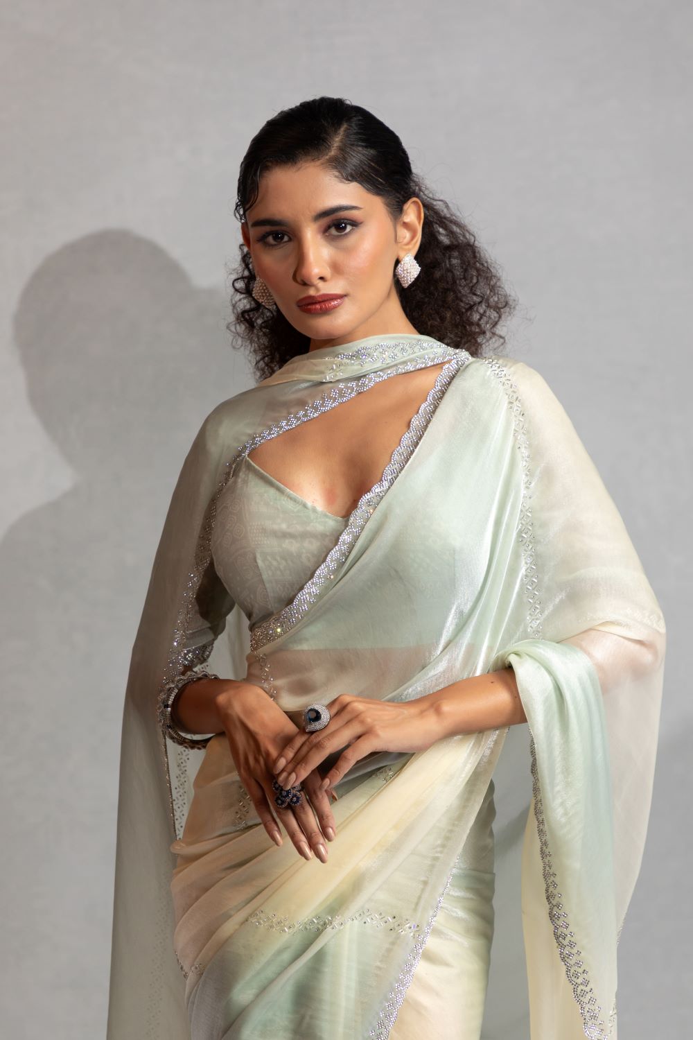 Pastel Sage Green Organza Saree with Subtle Sequin Detailing