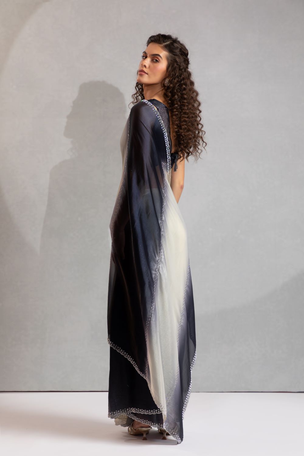 Black & Ivory Ombre Organza Saree with Sequin Border