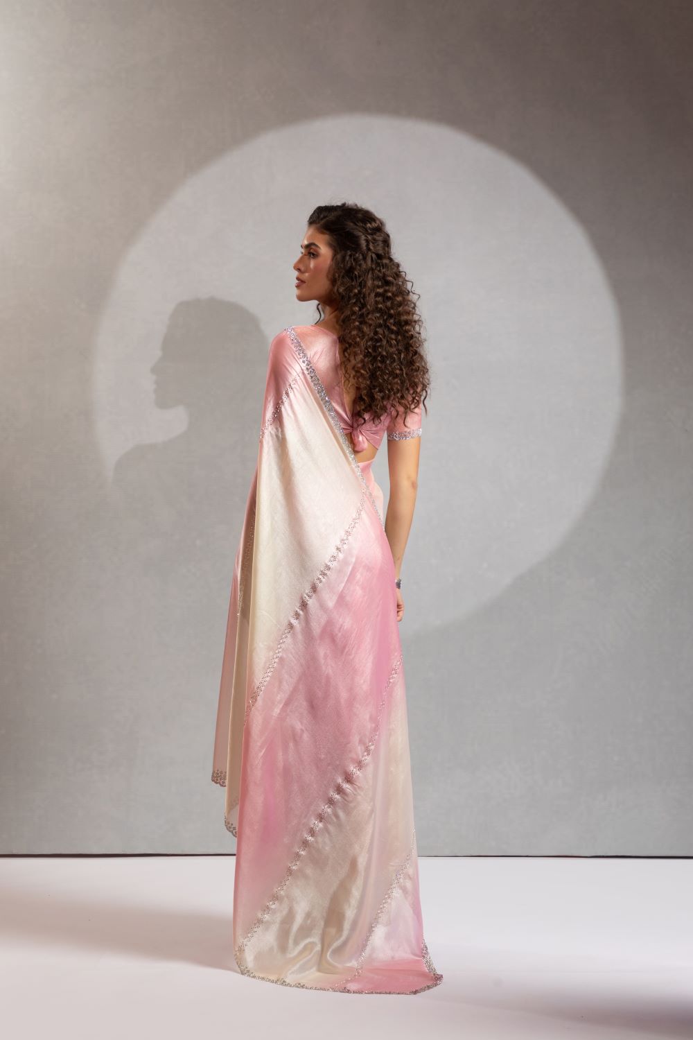 Elegant Ombre Pink & Cream Organza Saree with Sequin Border
