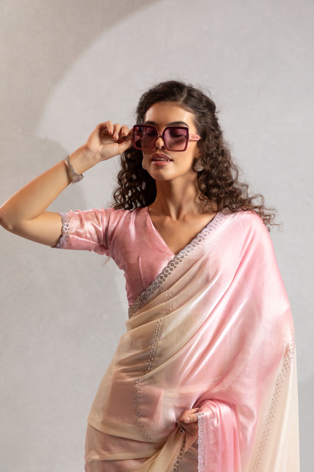Elegant Ombre Pink & Cream Organza Saree with Sequin Border