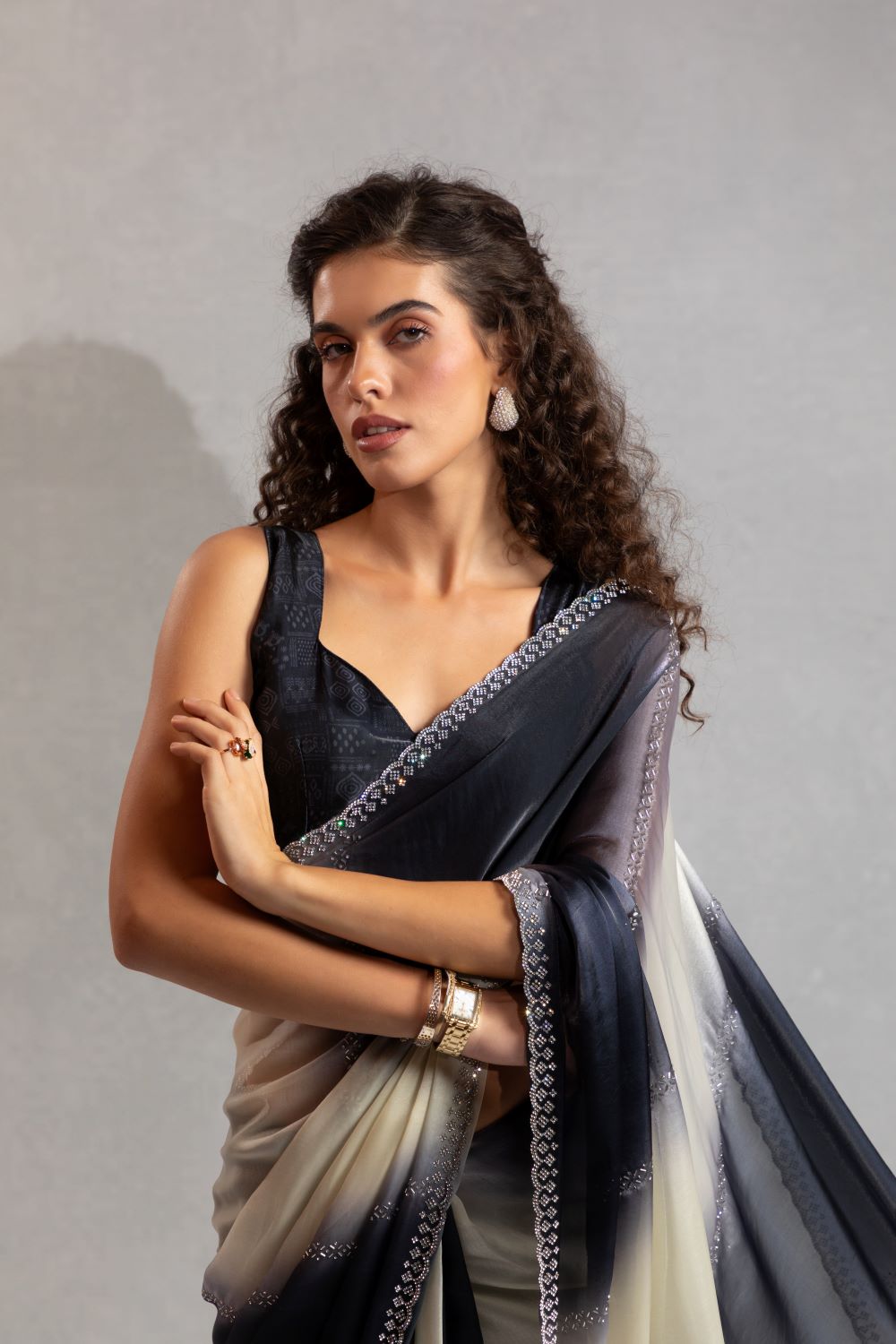 Black & Ivory Ombre Organza Saree with Sequin Border