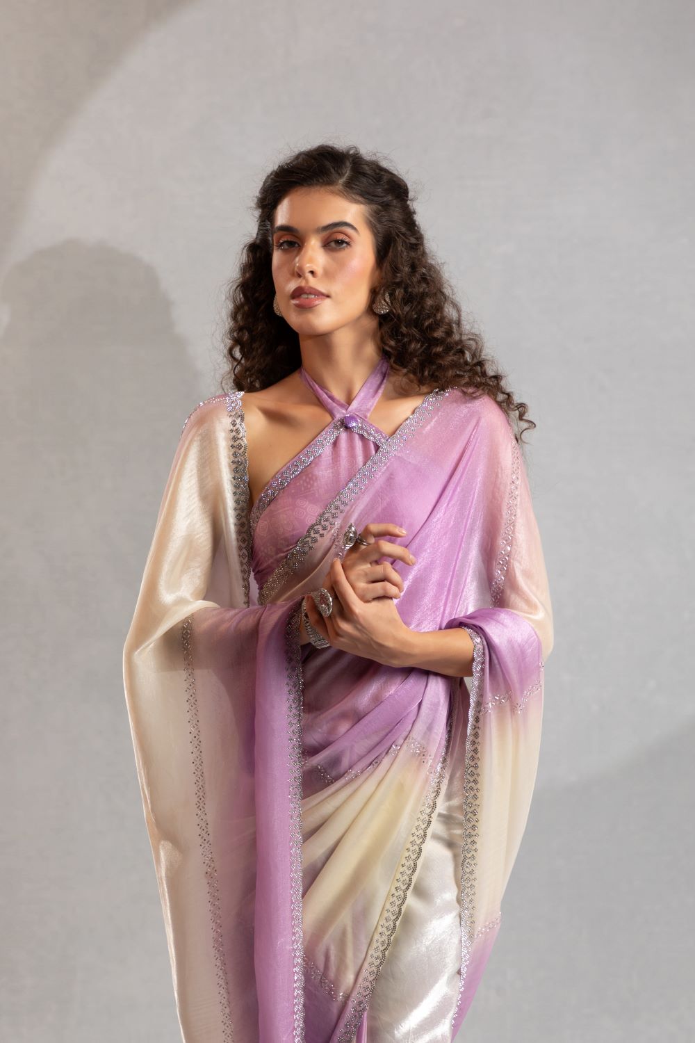 Lavender & Cream Ombre Organza Saree with Hand Embellishments