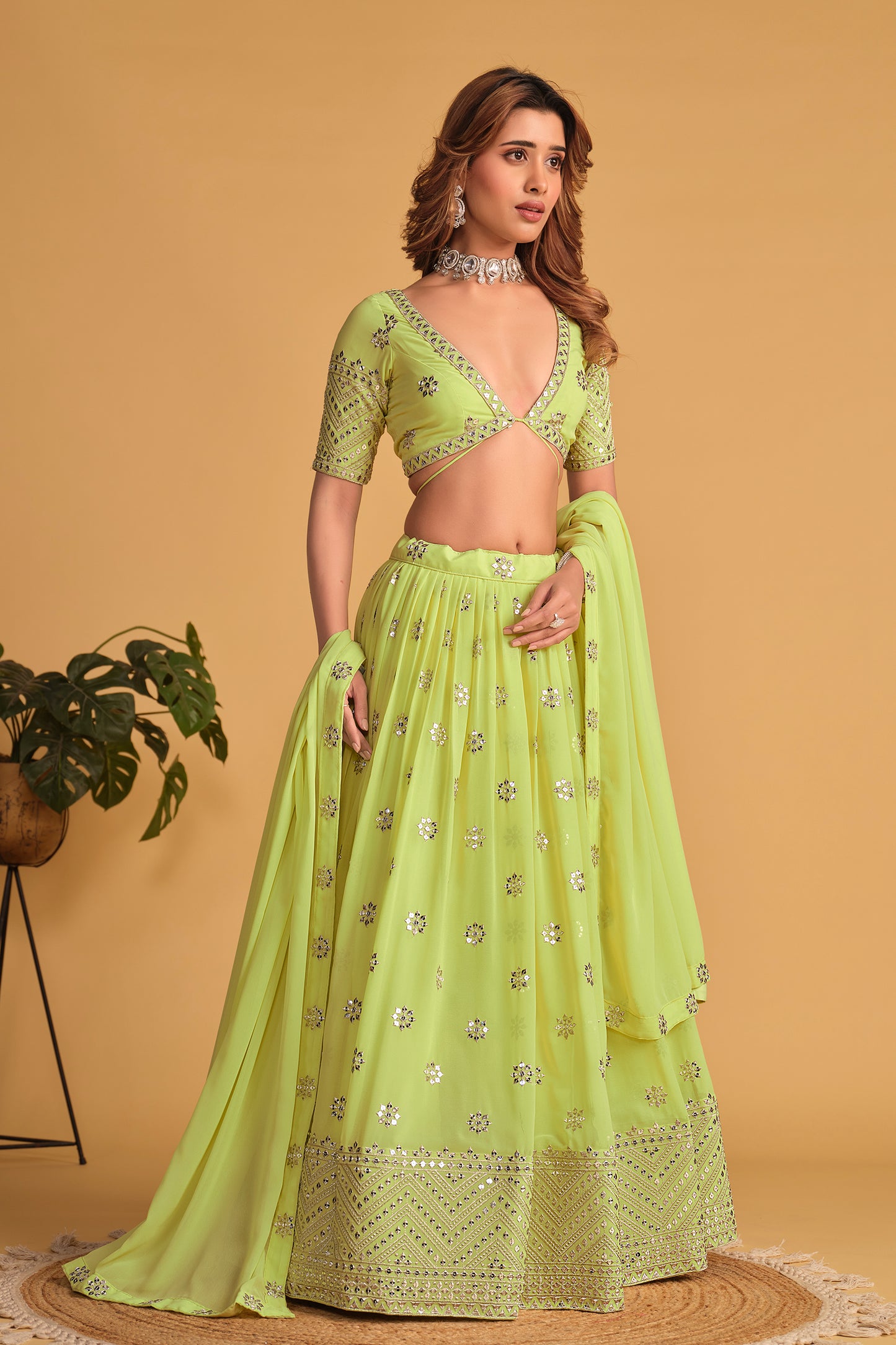 Lime Green Mirror Work Lehenga Set