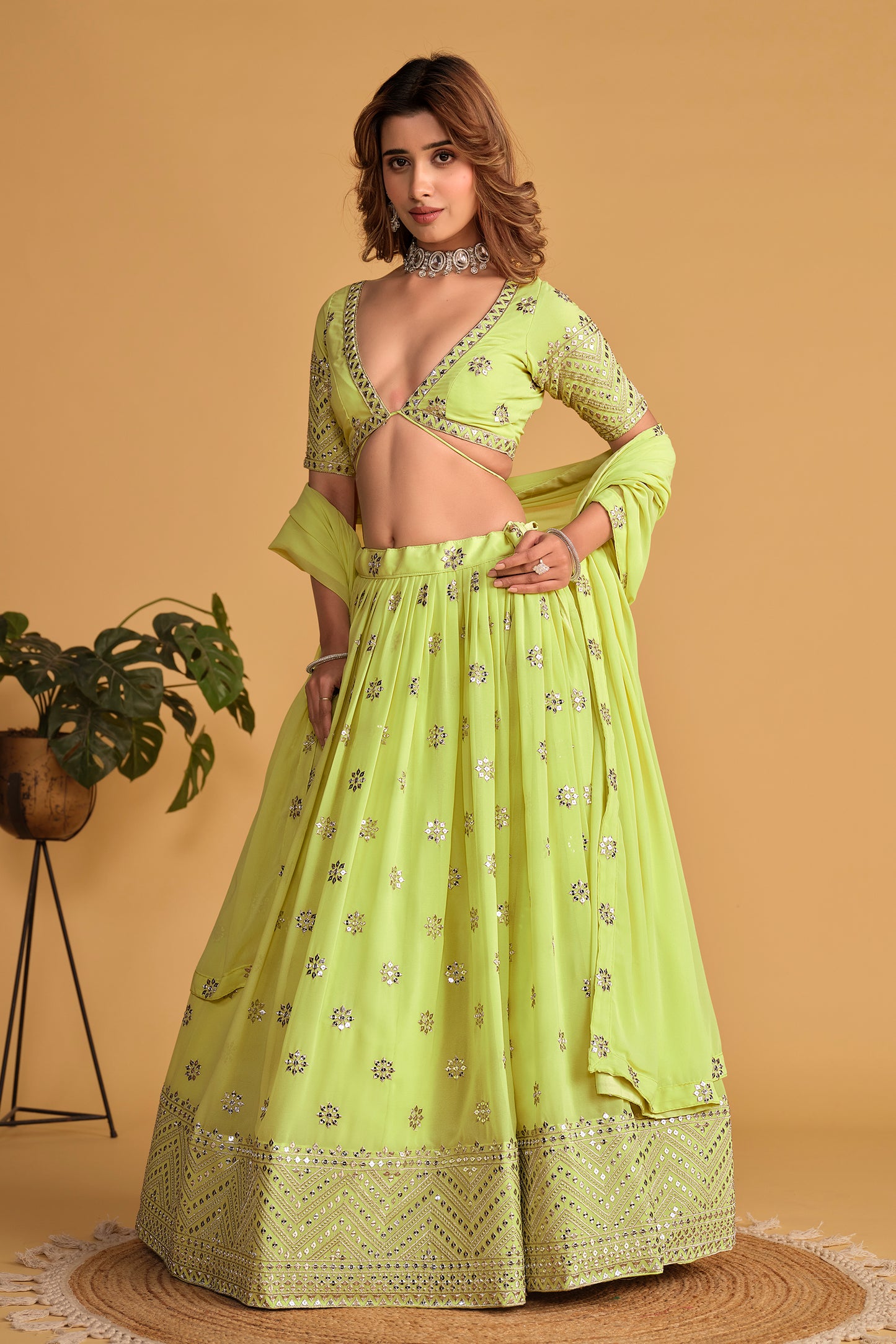 Lime Green Mirror Work Lehenga Set