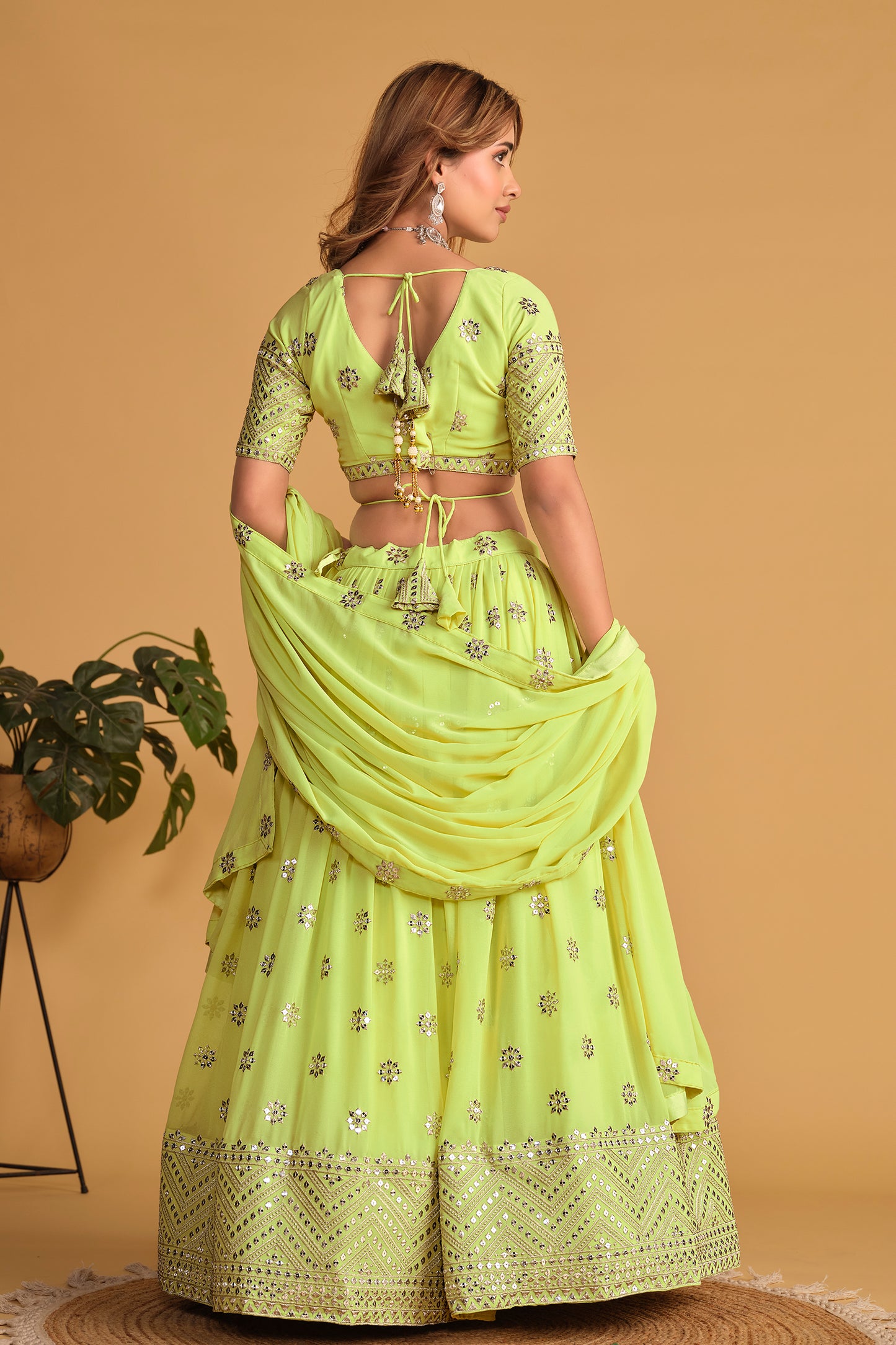 Lime Green Mirror Work Lehenga Set