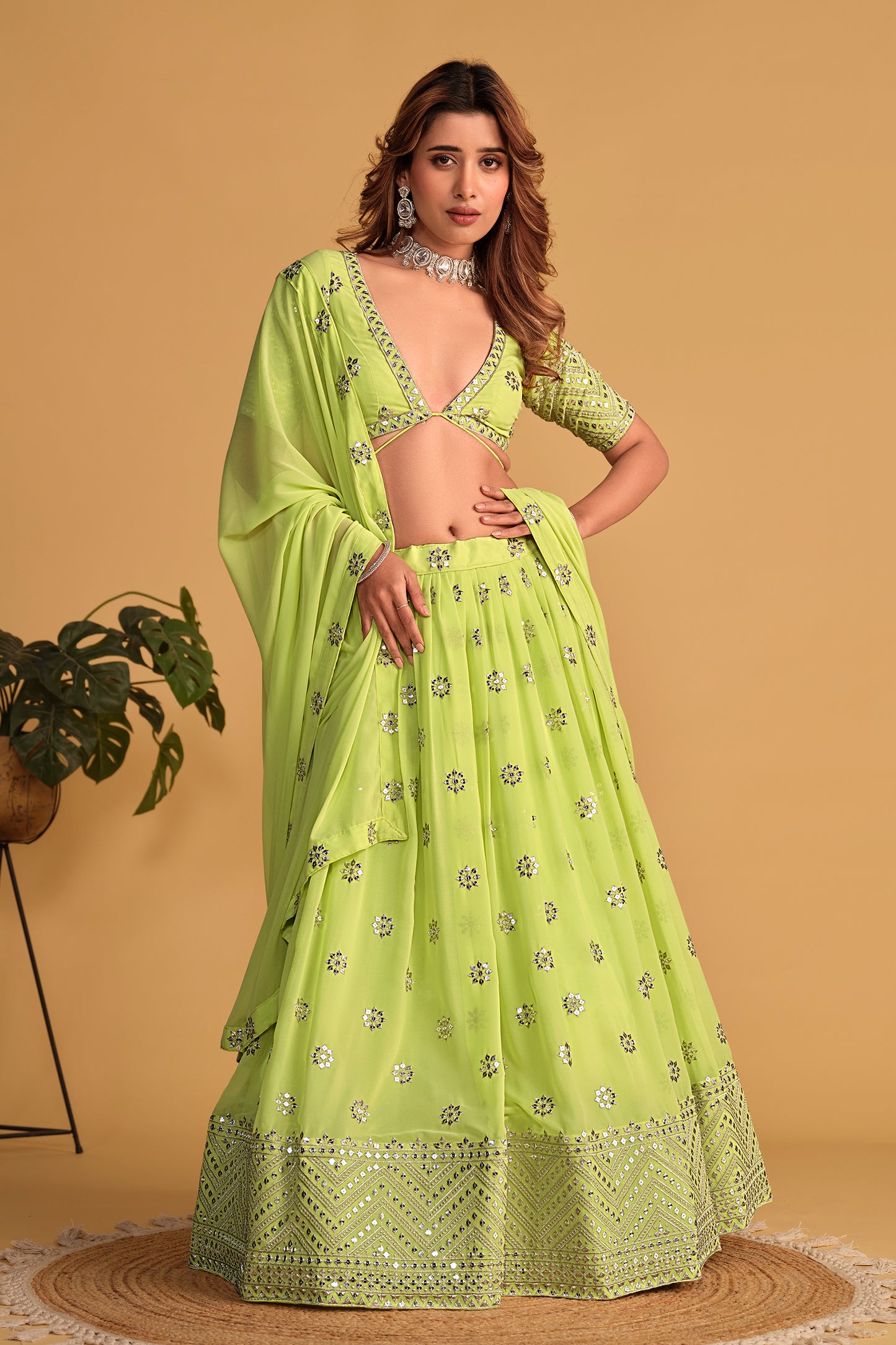 Lime Green Mirror Work Lehenga Set