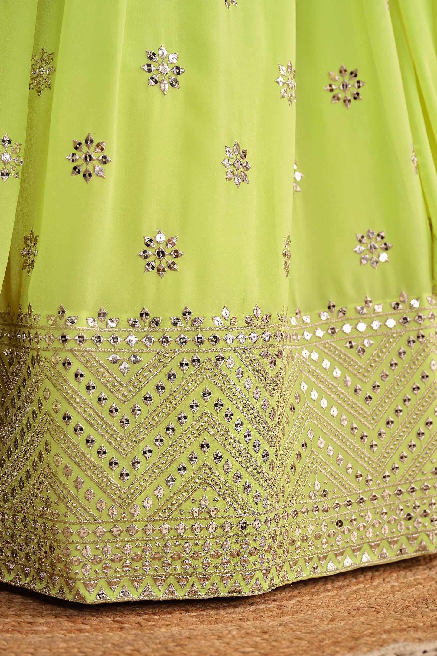Lime Green Mirror Work Lehenga Set