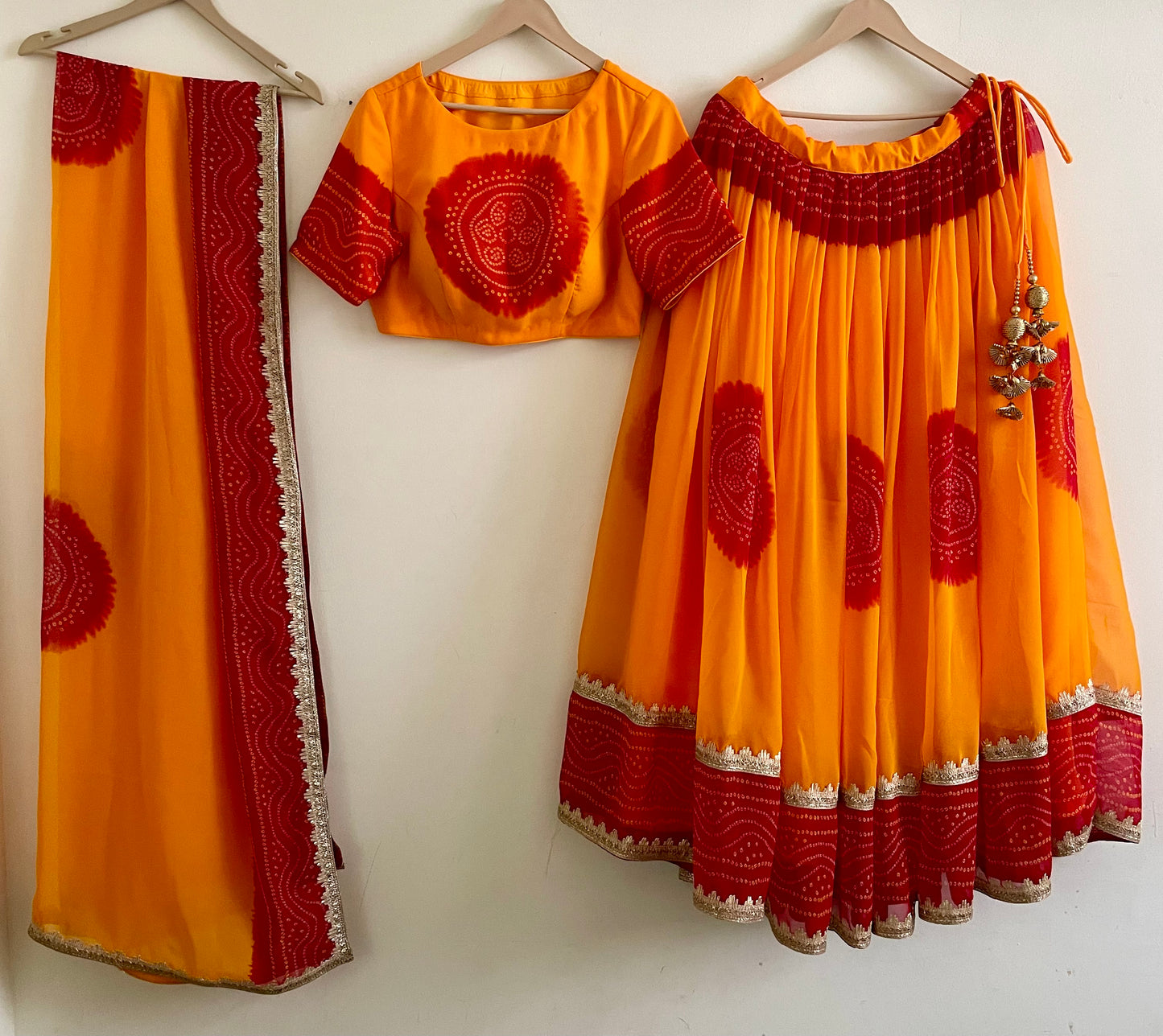 Vibrant Yellow & Red Bandhani Lehenga Set – Handcrafted Festive Outfit