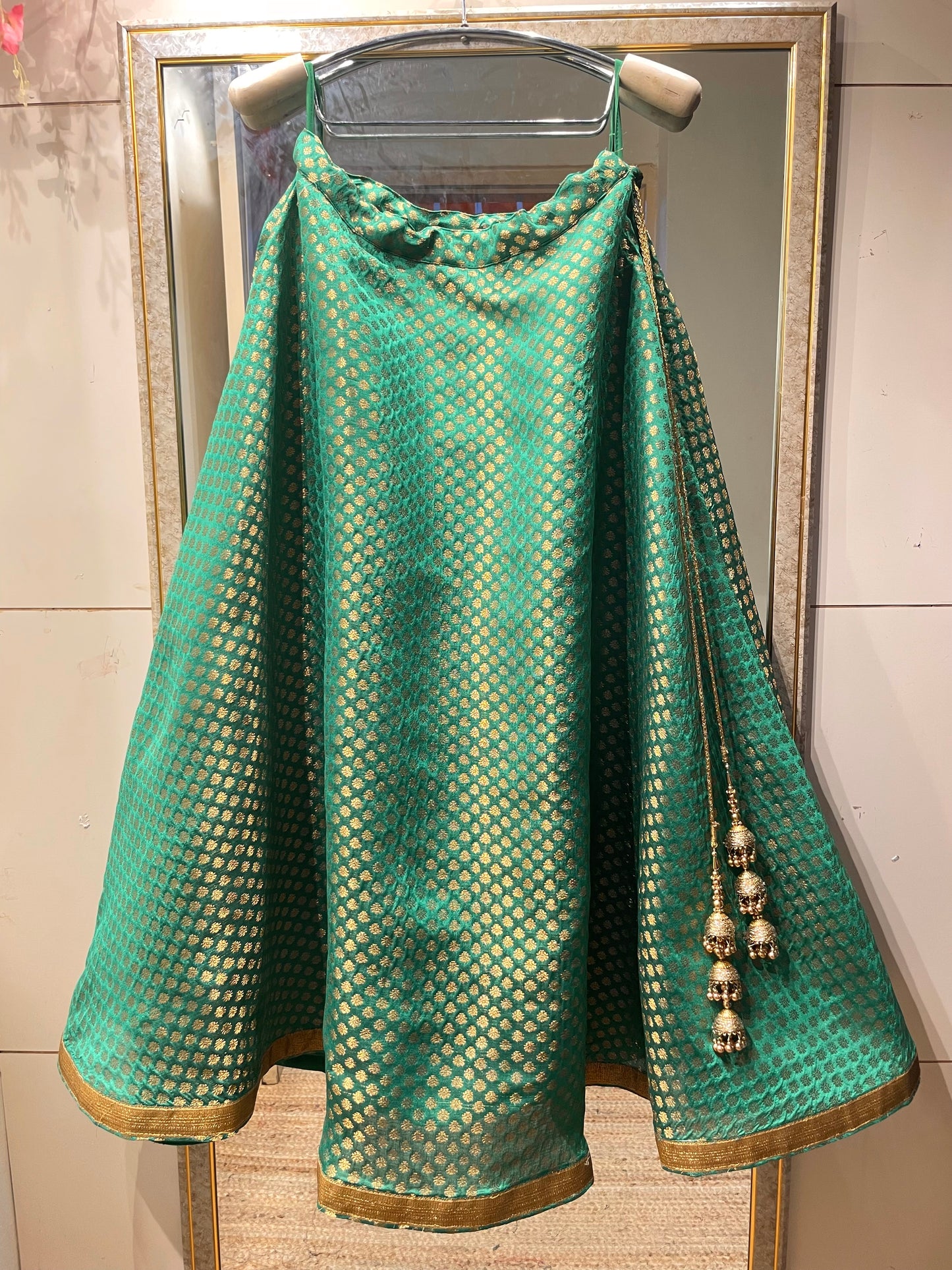 Green Brocade Lehenga Skirt with Golden Zari Work – Custom Size
