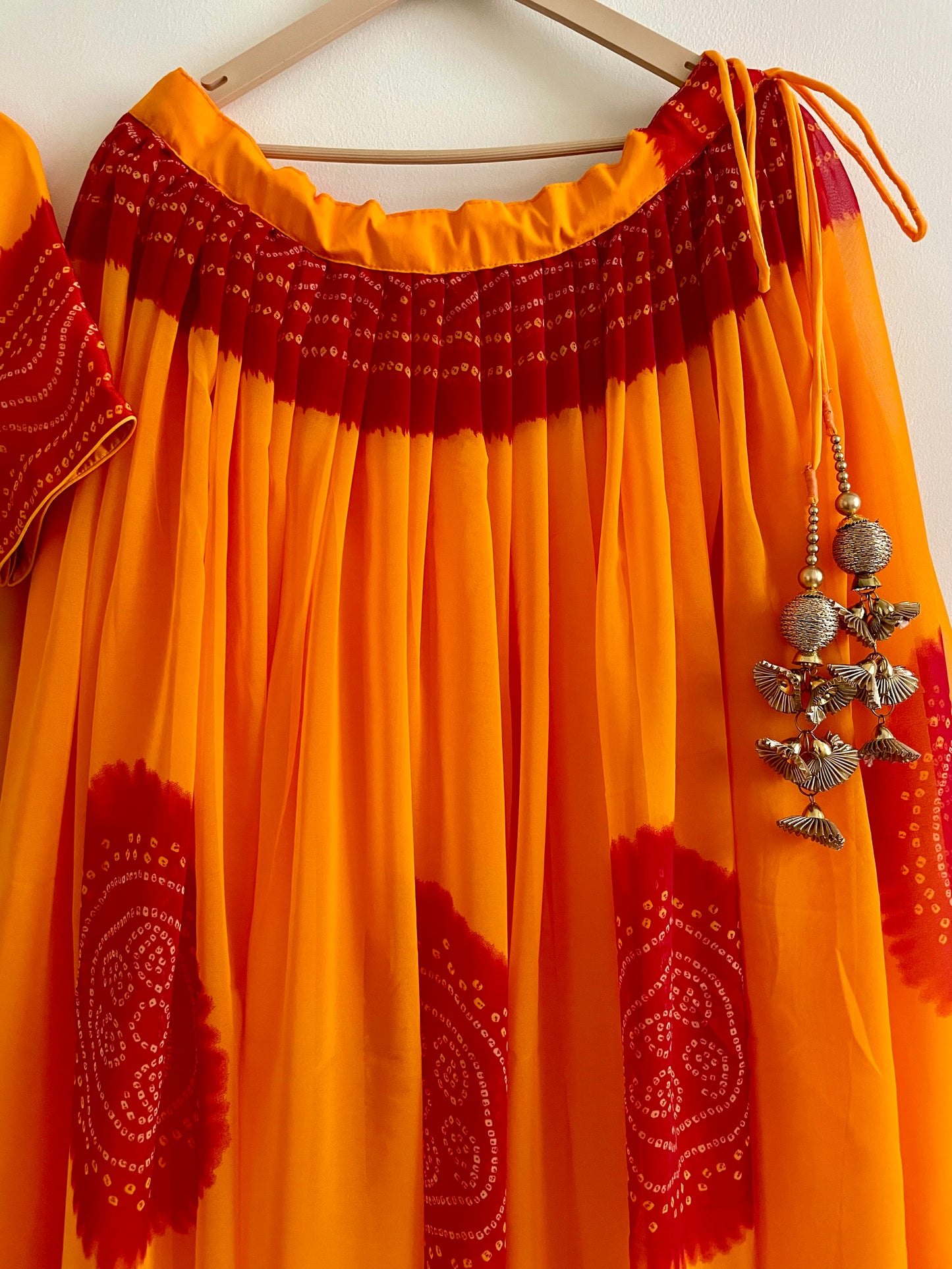 Vibrant Yellow & Red Bandhani Lehenga Set – Handcrafted Festive Outfit