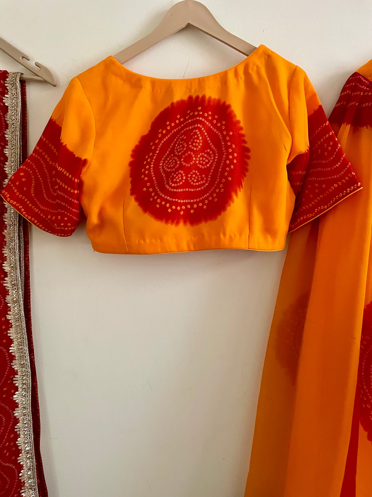 Vibrant Yellow & Red Bandhani Lehenga Set – Handcrafted Festive Outfit