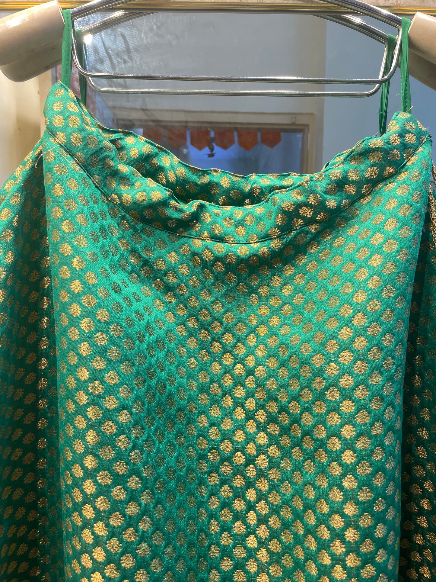 Green Brocade Lehenga Skirt with Golden Zari Work – Custom Size