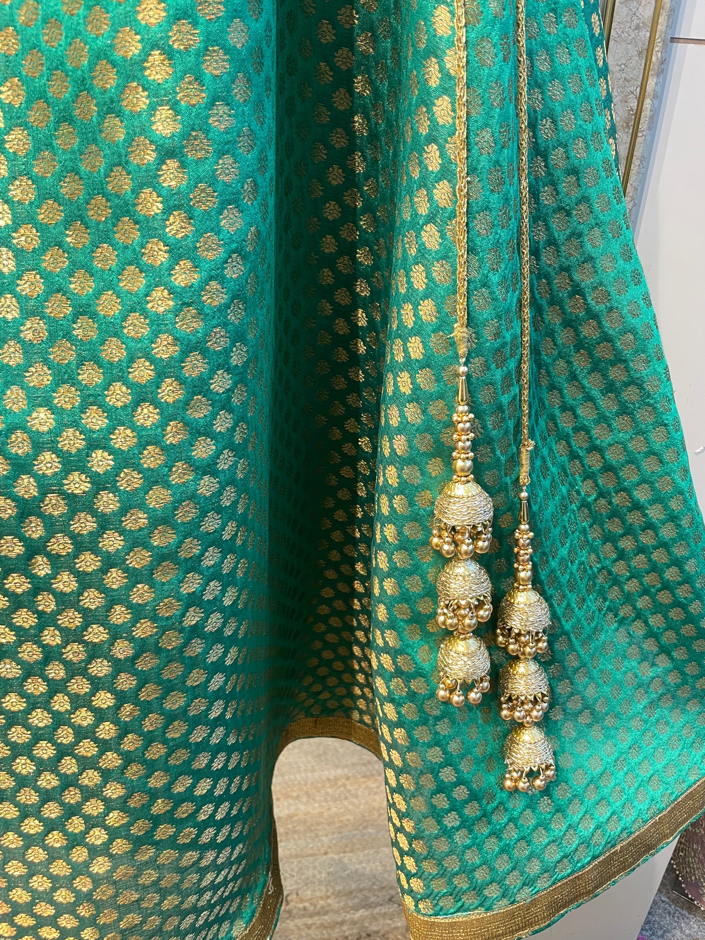 Green Brocade Lehenga Skirt with Golden Zari Work – Custom Size