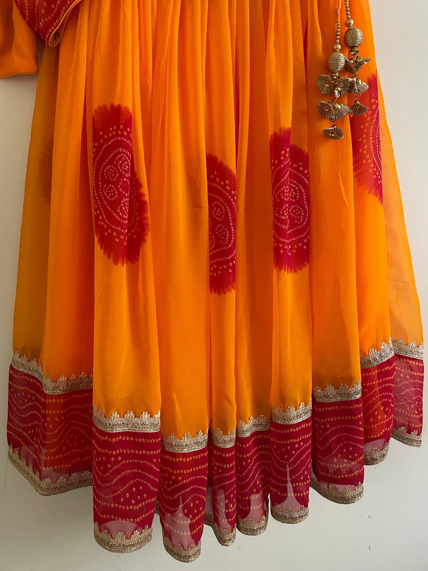 Vibrant Yellow & Red Bandhani Lehenga Set – Handcrafted Festive Outfit