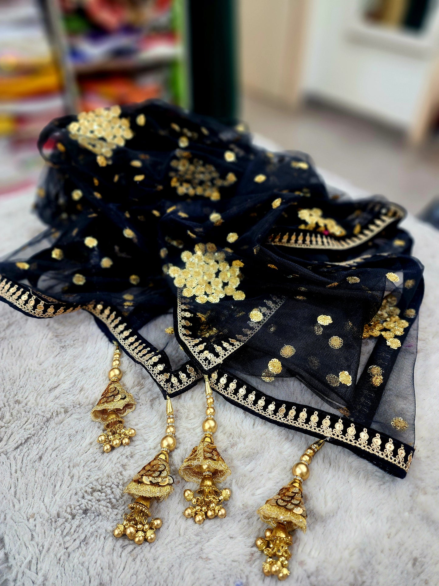 Black Embroidered Net Dupatta for Women